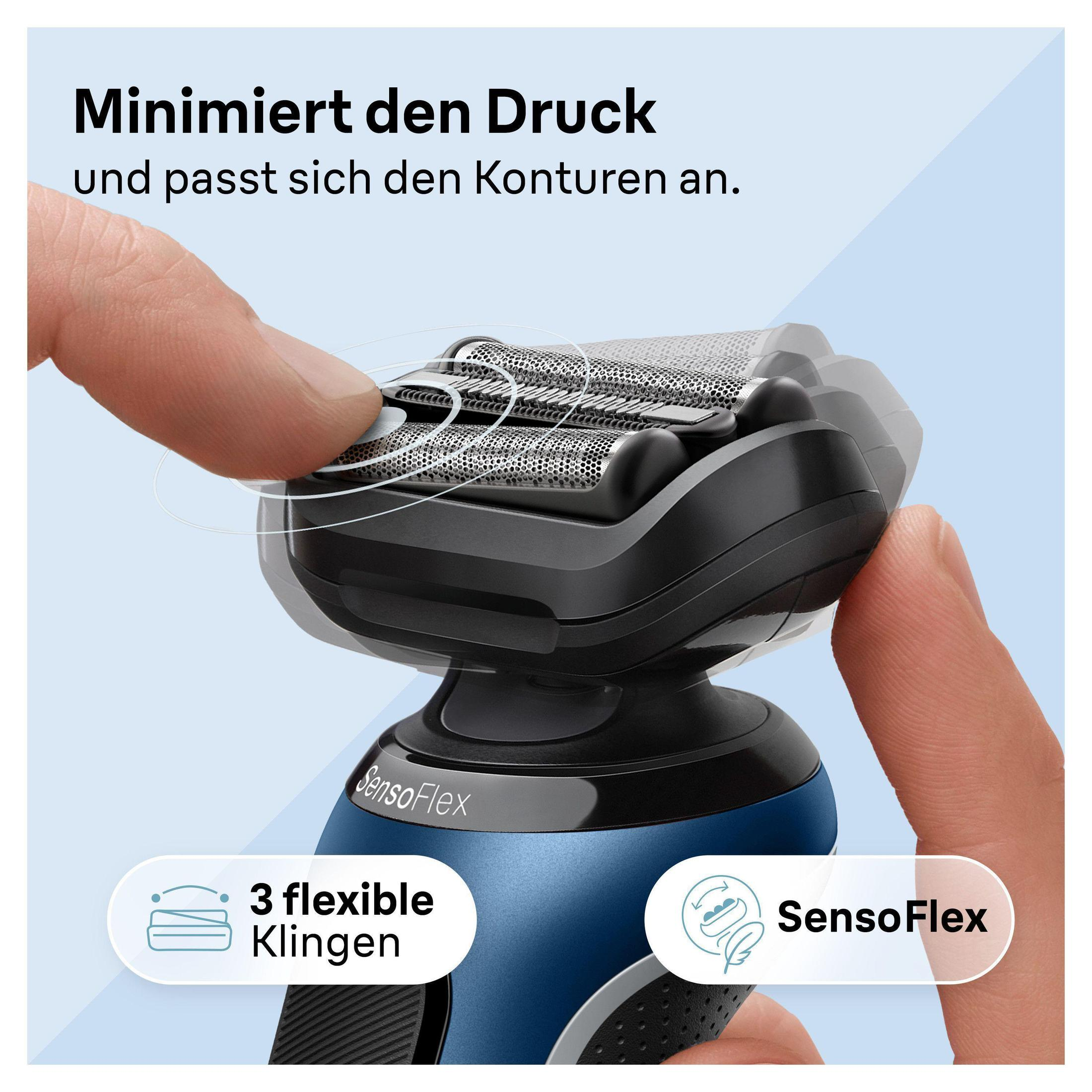 Zbliżenie głowicy golarki. Palce pokazują elastyczność. Niebiesko-czarna golarka.