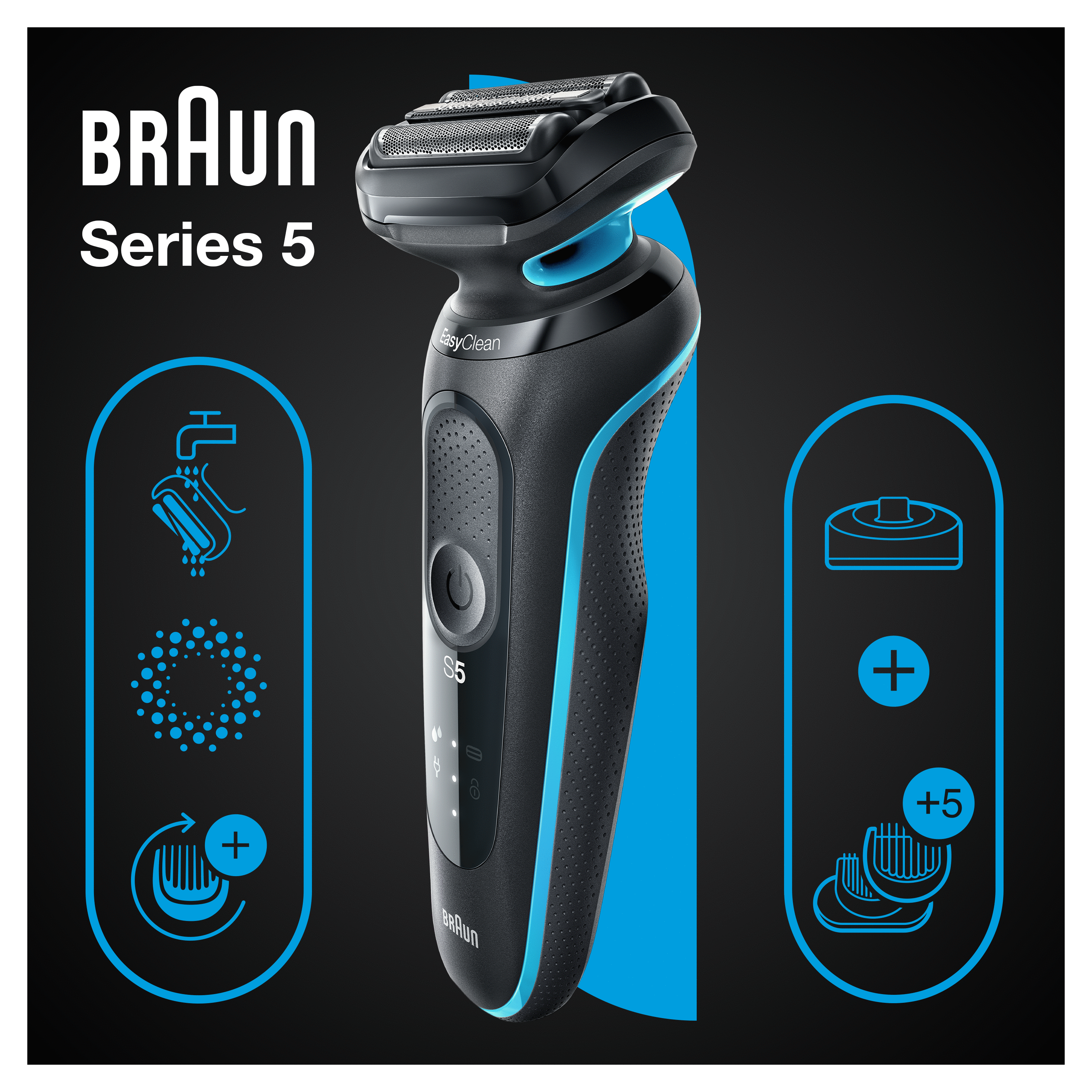 Ein schwarz-blauer Elektrorasierer Braun Series 5 mit Symbolen. Schwarzer Hintergrund.