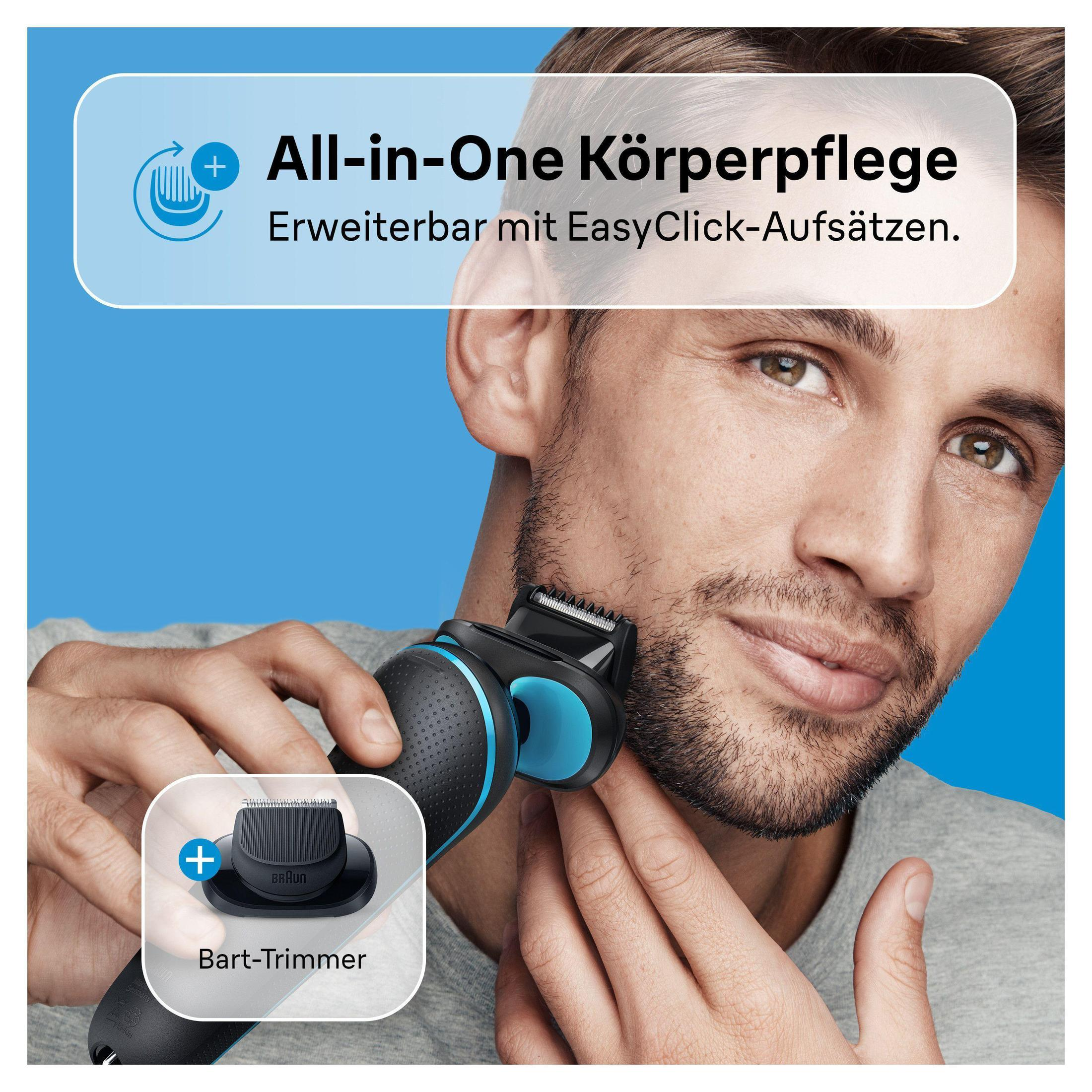 Ein Mann rasiert seinen Bart mit einem schwarz-blauen Rasierer. Zusätzlicher Trimmer in der Ecke.