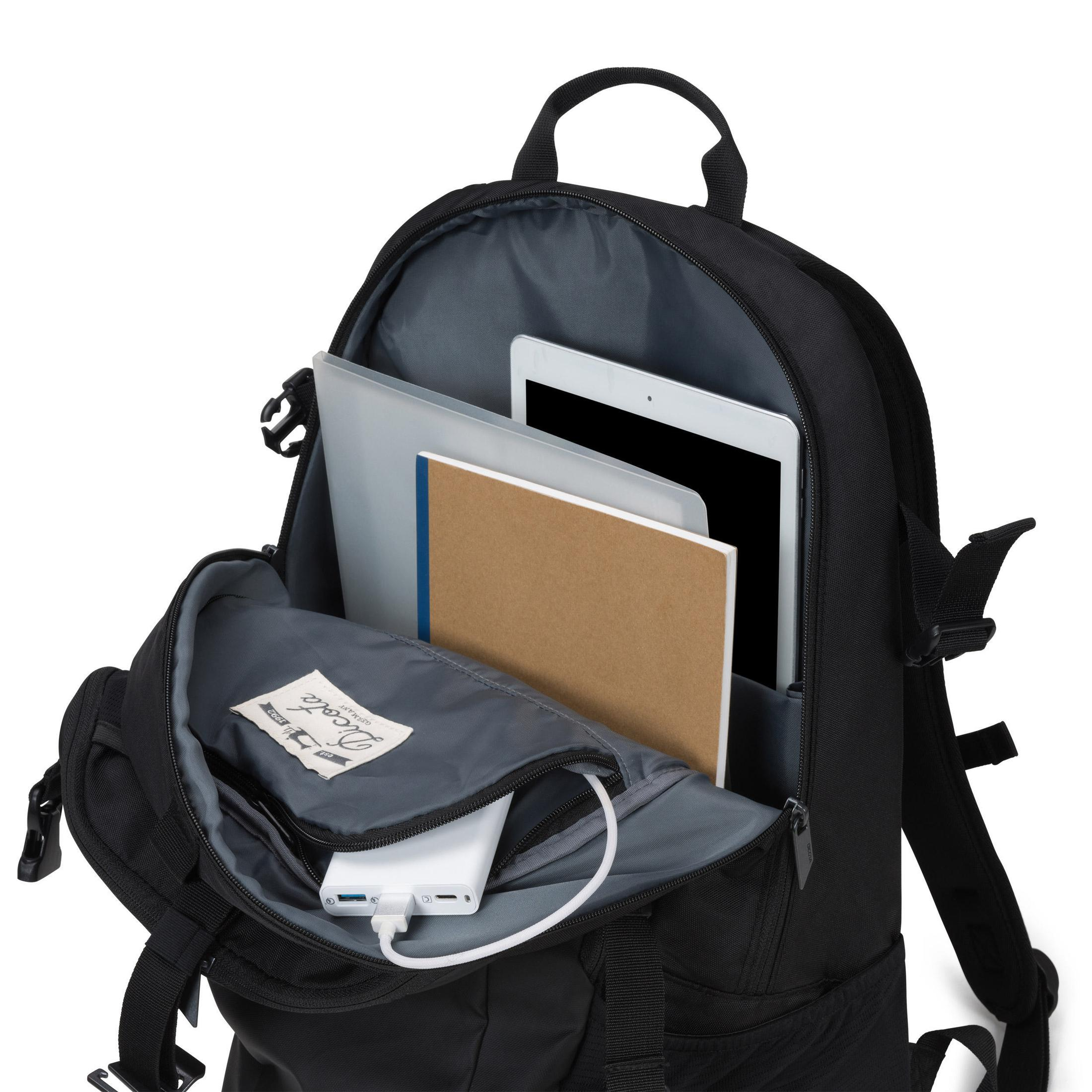 Zaino nero aperto, che mostra tablet, quaderno e power bank con cavo bianco.