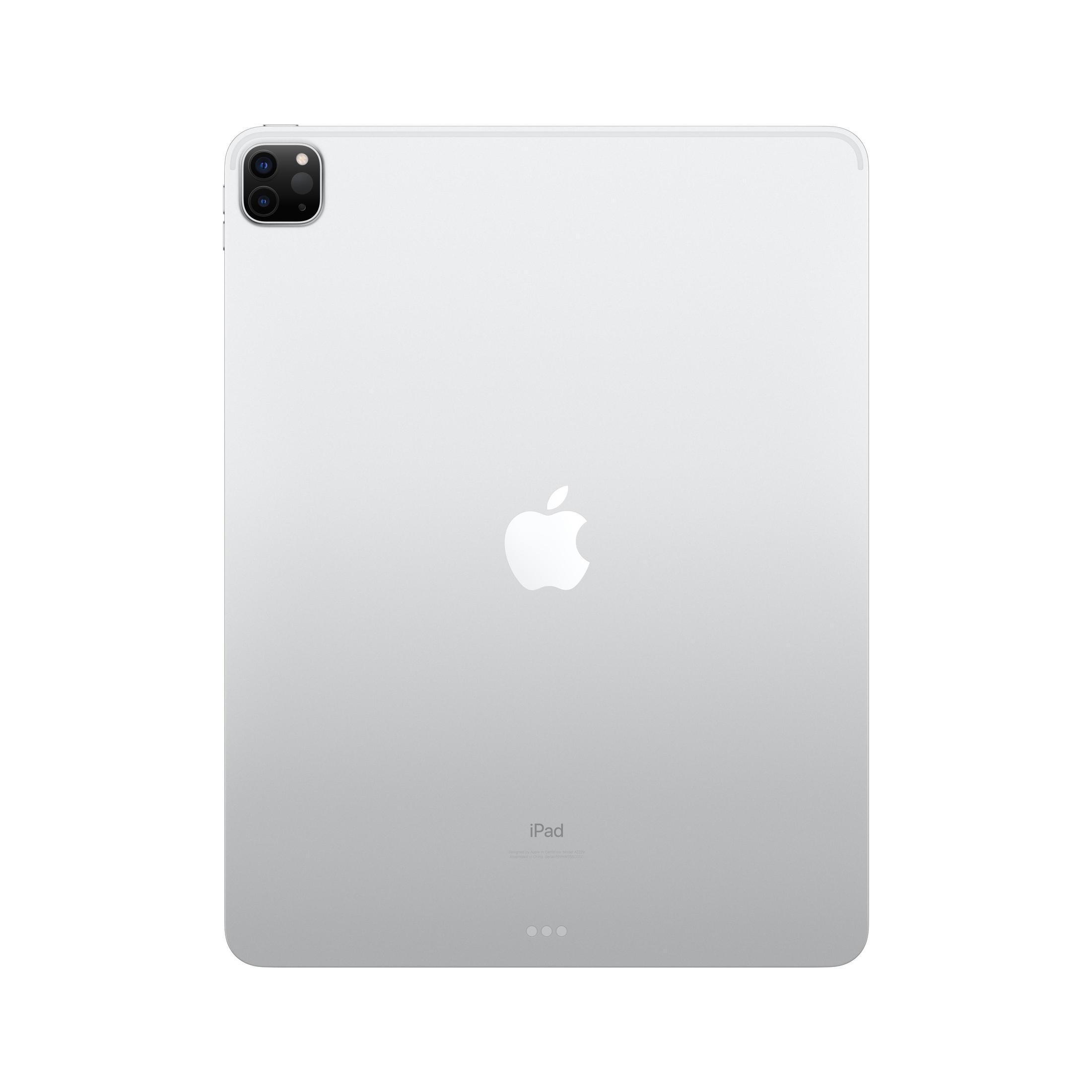 Silbernes iPad, Rückansicht. Apple-Logo sichtbar. Kamera und Knöpfe sind am Gerät. Weißer Hintergrund.