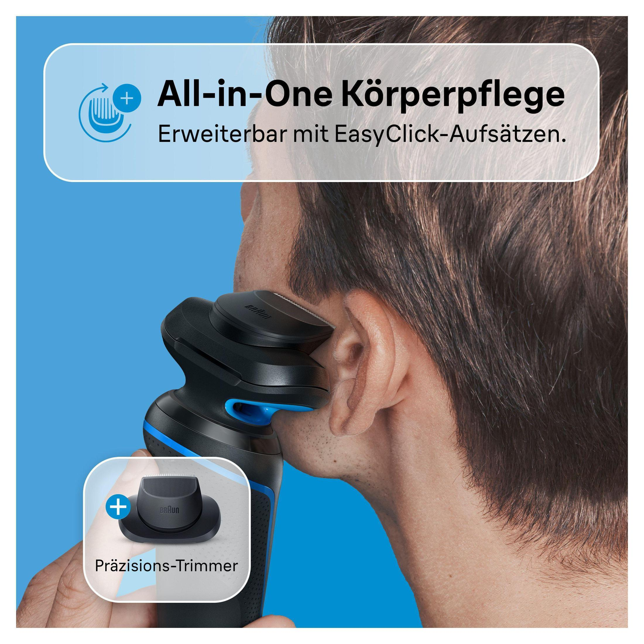 Mężczyzna używa golarki z nakładką do przycinania. Niebieskie tło i tekst.