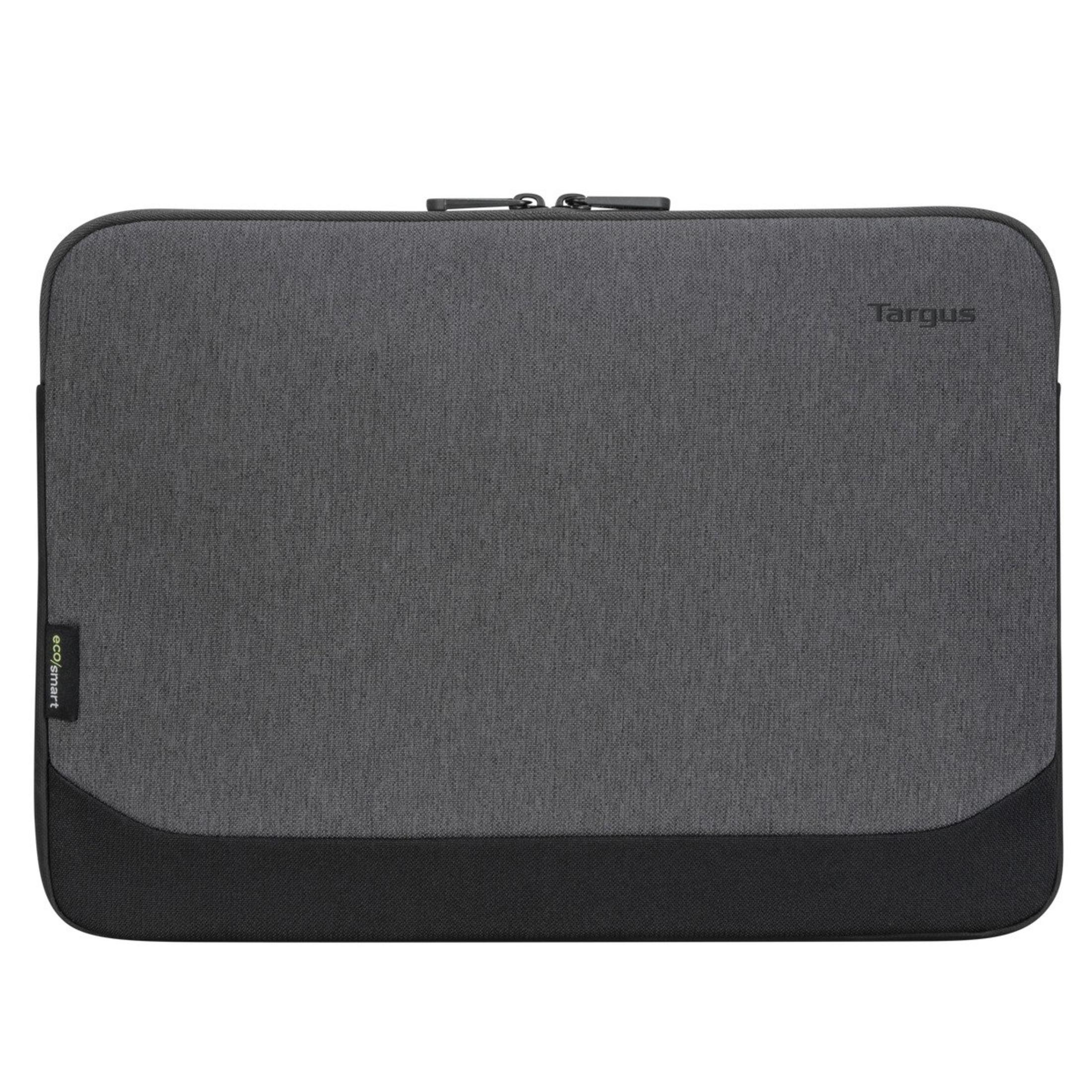 Custodia per laptop Targus grigia, finiture nere in basso. Etichetta Ecosmart visibile.
