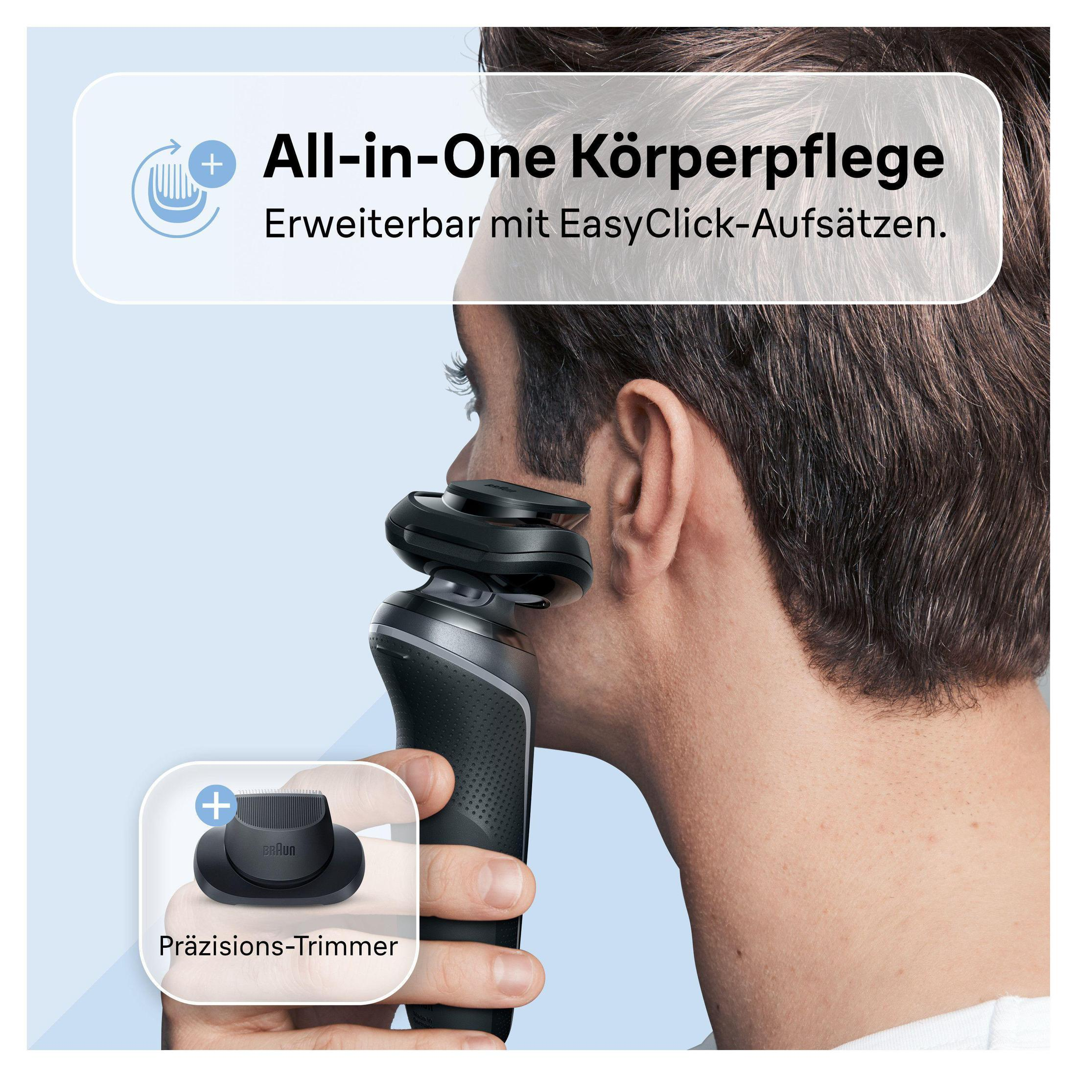 Mężczyzna używa golarki elektrycznej. Zbliżenie. Golarka w użyciu. Nakładka tekstowa: Kompleksowa pielęgnacja ciała.