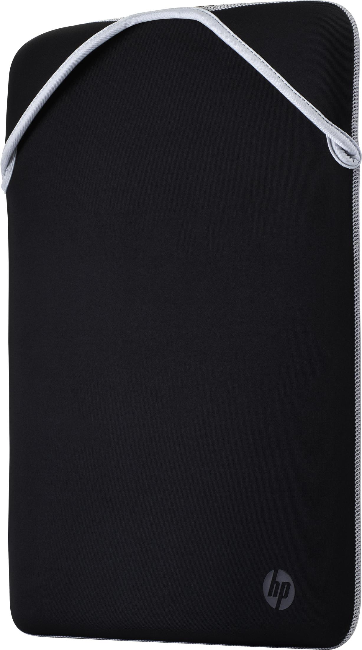Schwarze Laptoptasche. Weiße Verzierungen und Reißverschluss. HP-Logo. Weißer Hintergrund.