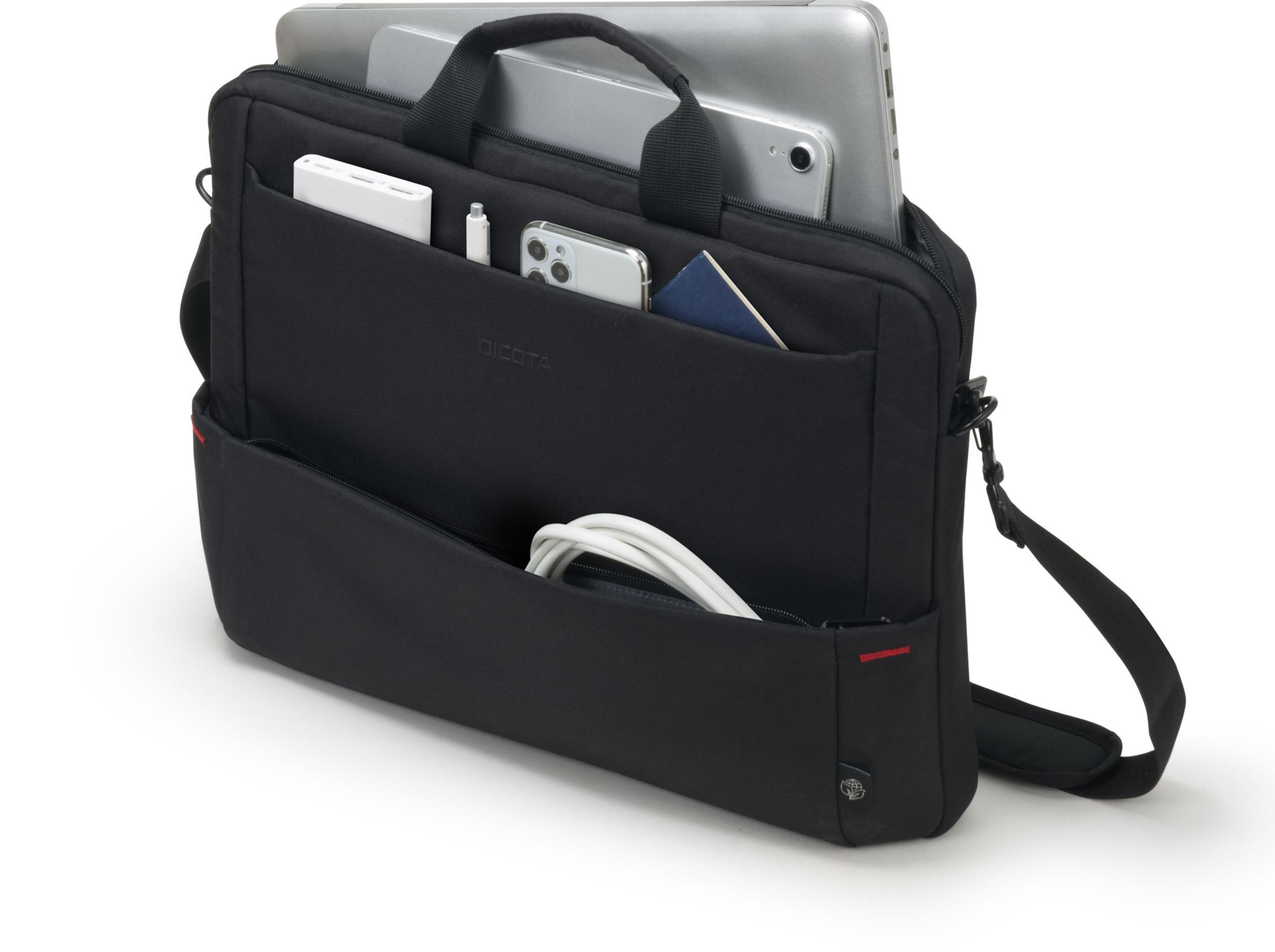 Valigetta nera, aperta. Contiene laptop, tablet, telefono e accessori. Sfondo bianco. Dettagli di rifinitura rossi.