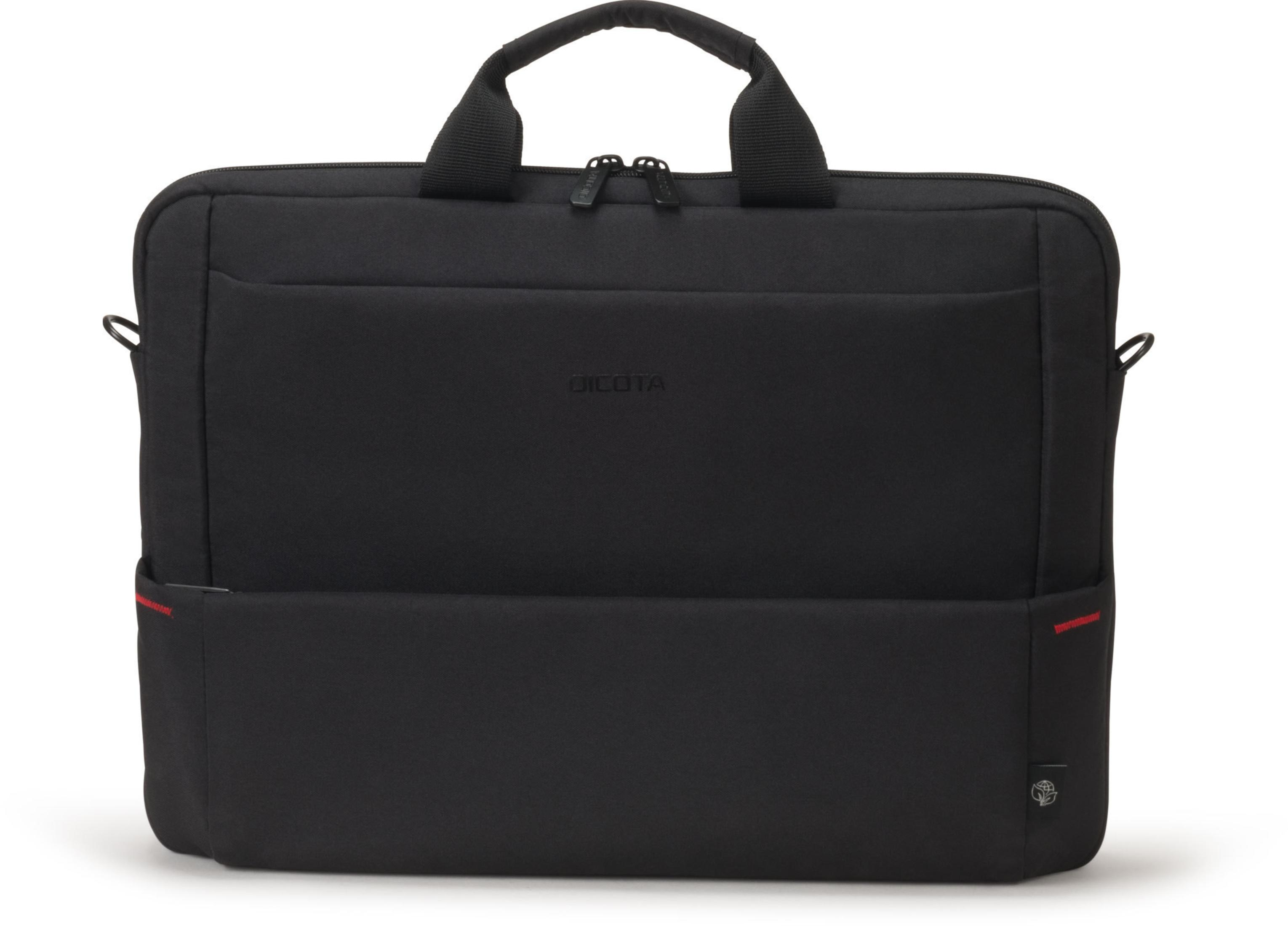 Borsa per laptop nera con manico e cerniera. La borsa ha il nome del marchio Dicota.