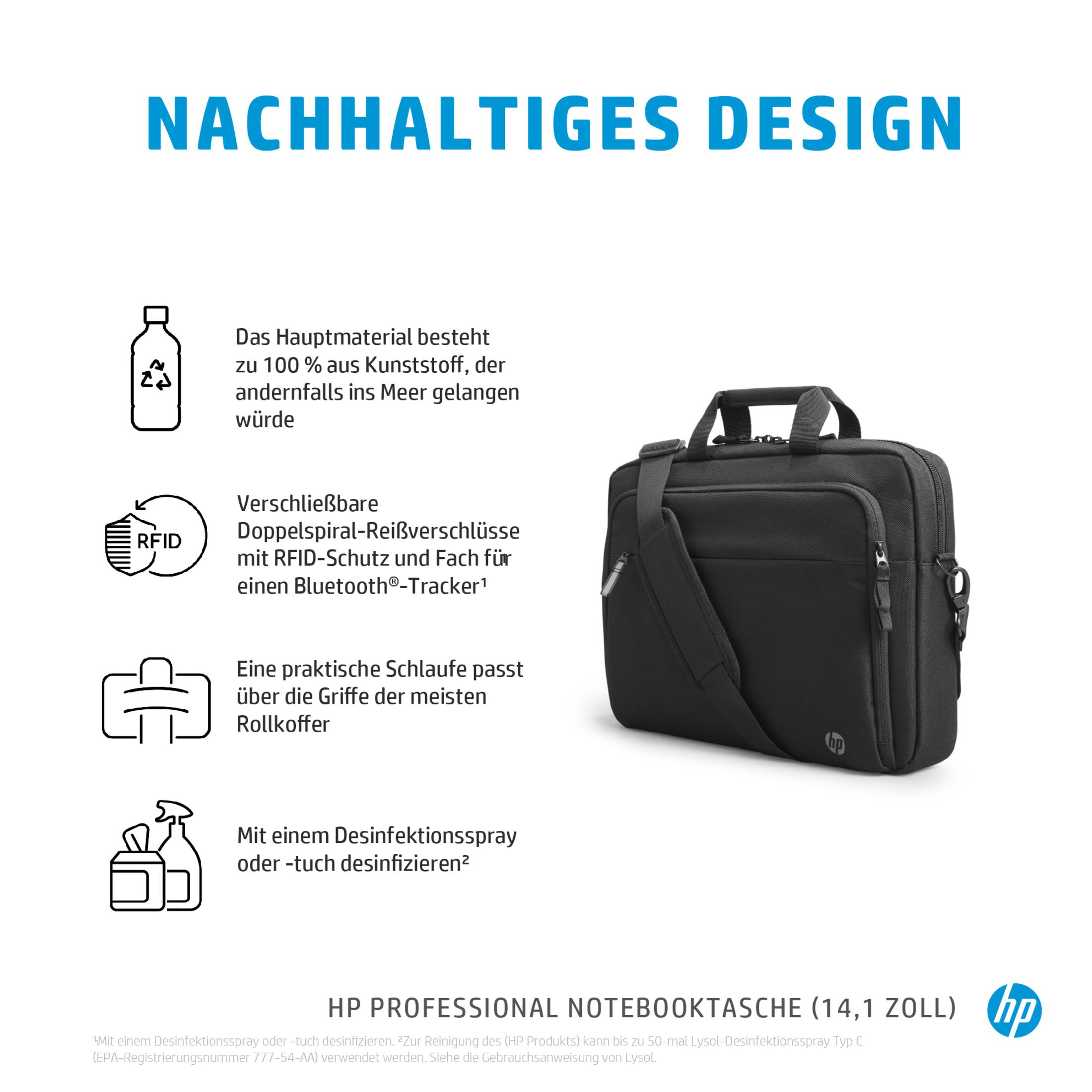Schwarze HP Laptoptasche mit Text, Symbolen und Infos. Weißer Hintergrund.