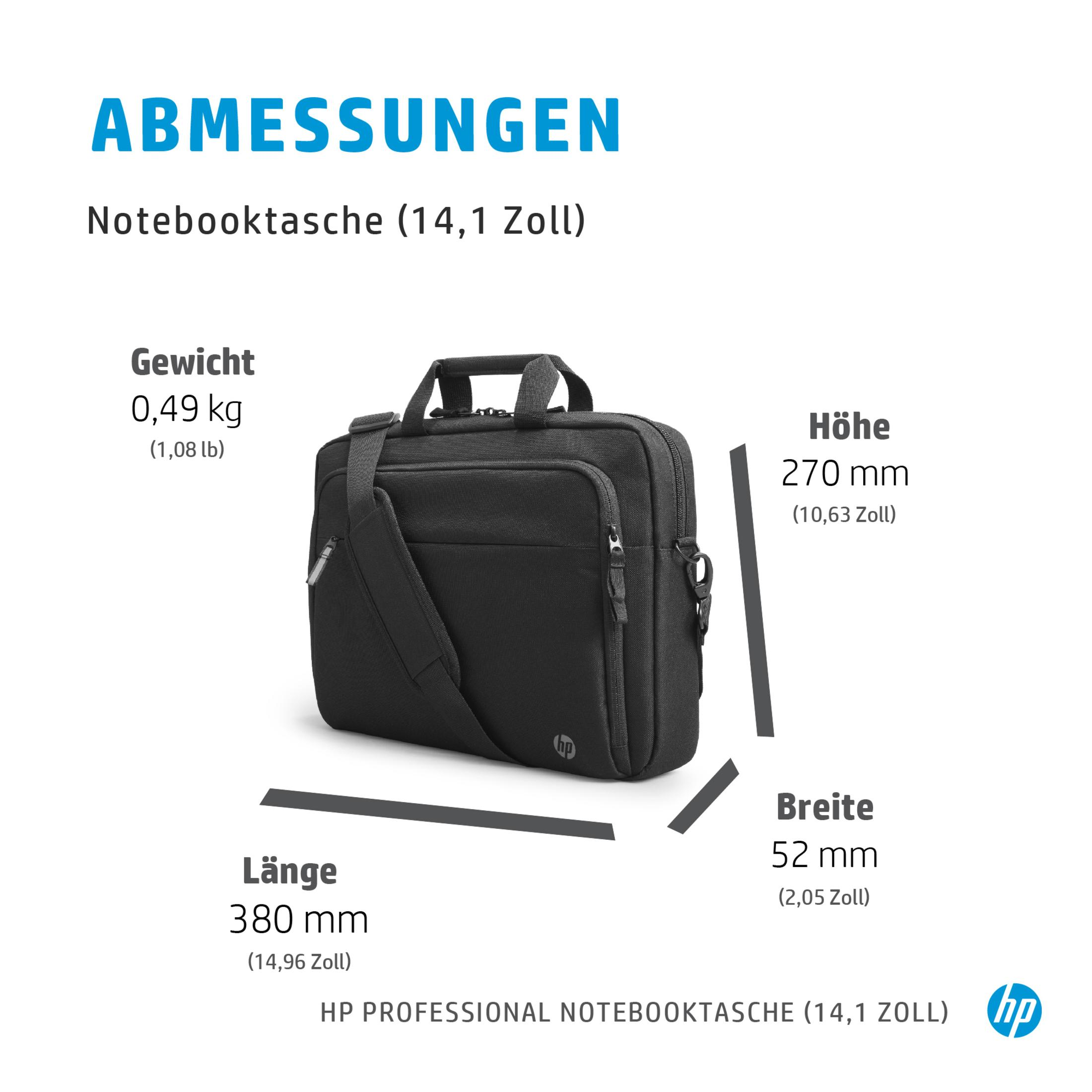 Schwarze Laptoptasche. Griff und Schultergurt. Text über Gewicht und Maße.
