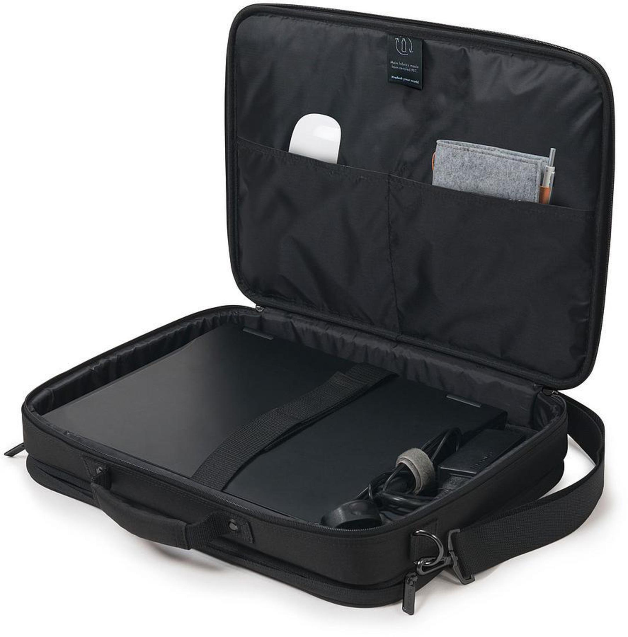 Black laptop in a black open briefcase. Includes a white mouse and other items.