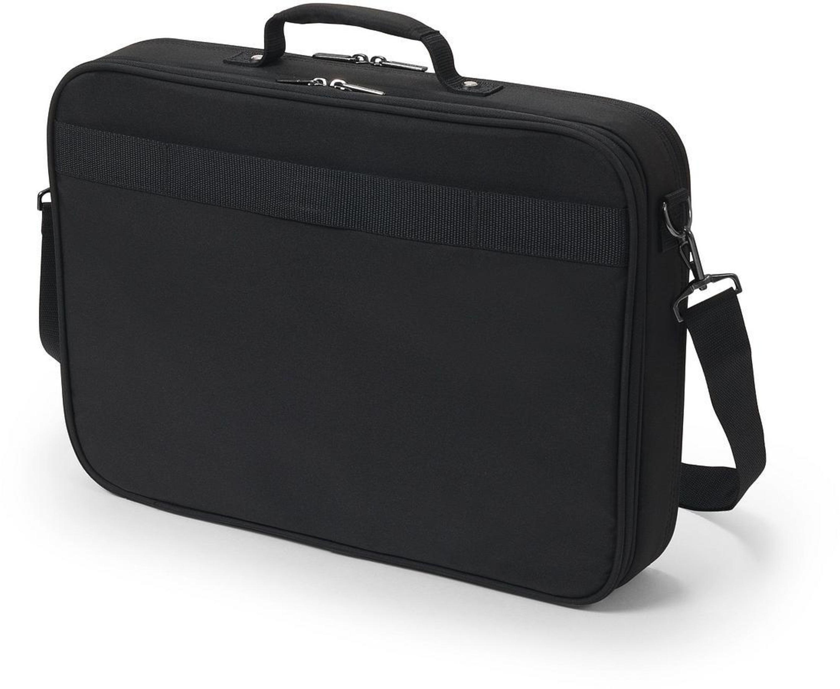 Black briefcase with handle, shoulder strap, on white surface.