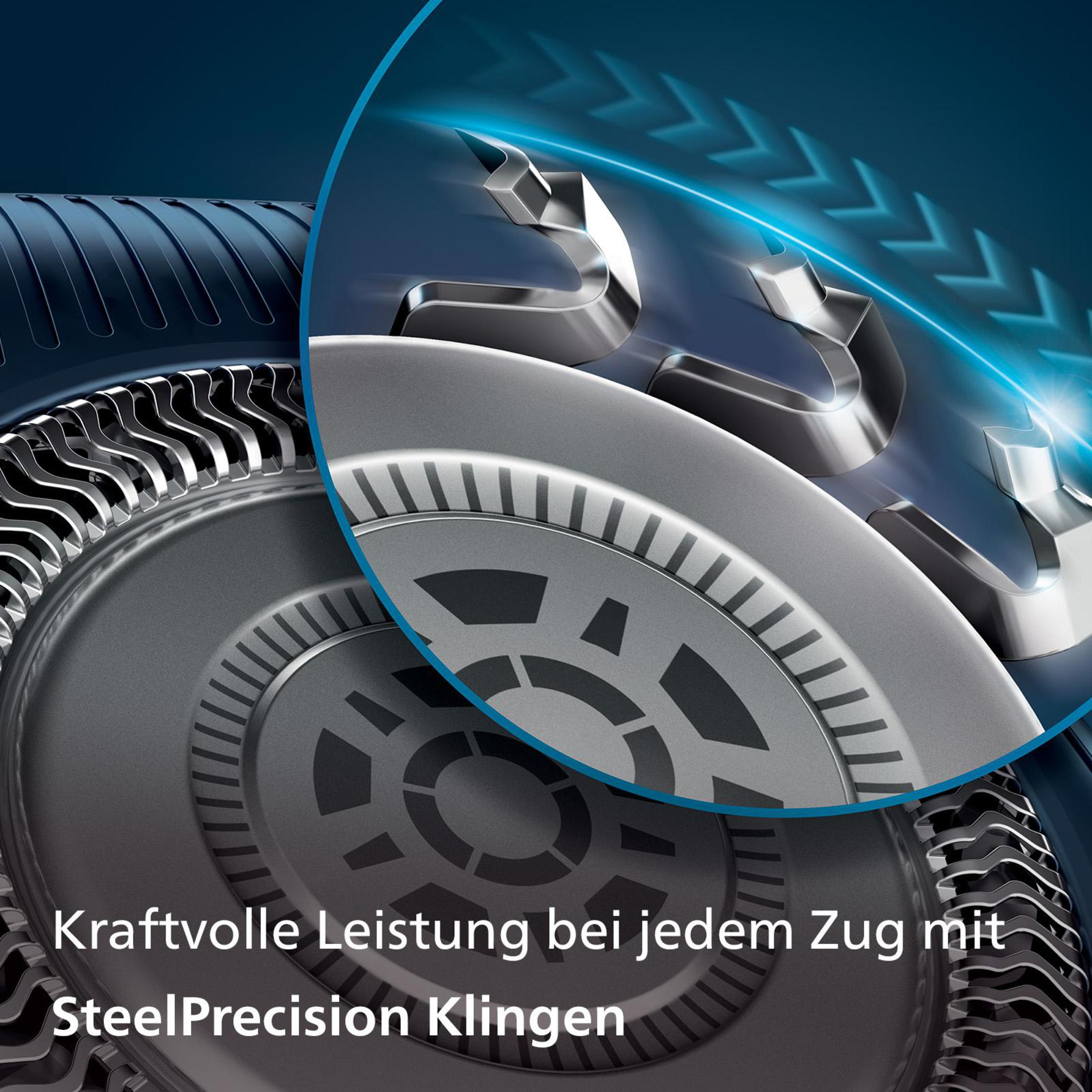 Zbliżenie golarki z ostrzami i tekstem 'Kraftvolle Leistung'.