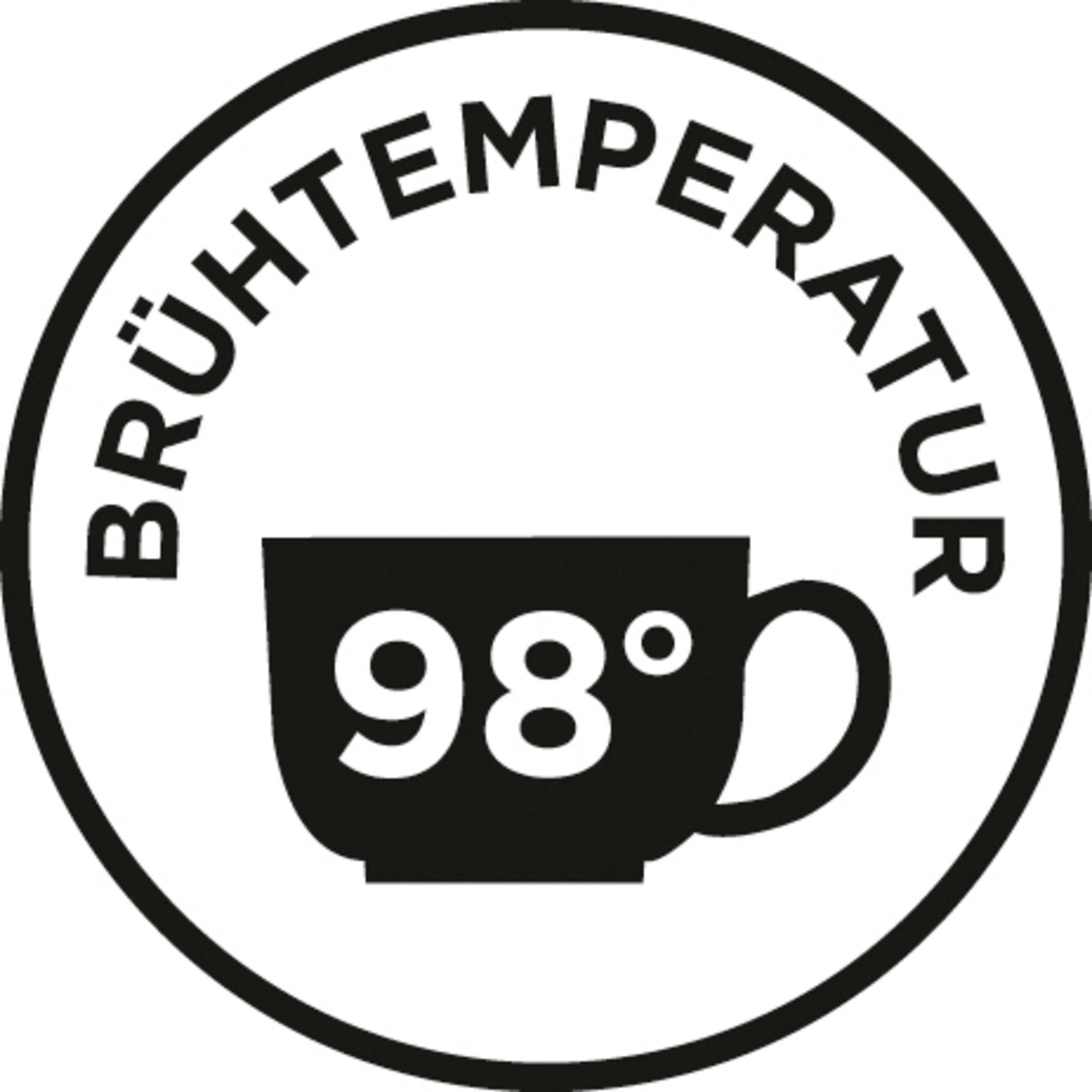 Czarno-białe koło z napisem BRÜHTEMPERATUR wokół filiżanki z 98°.