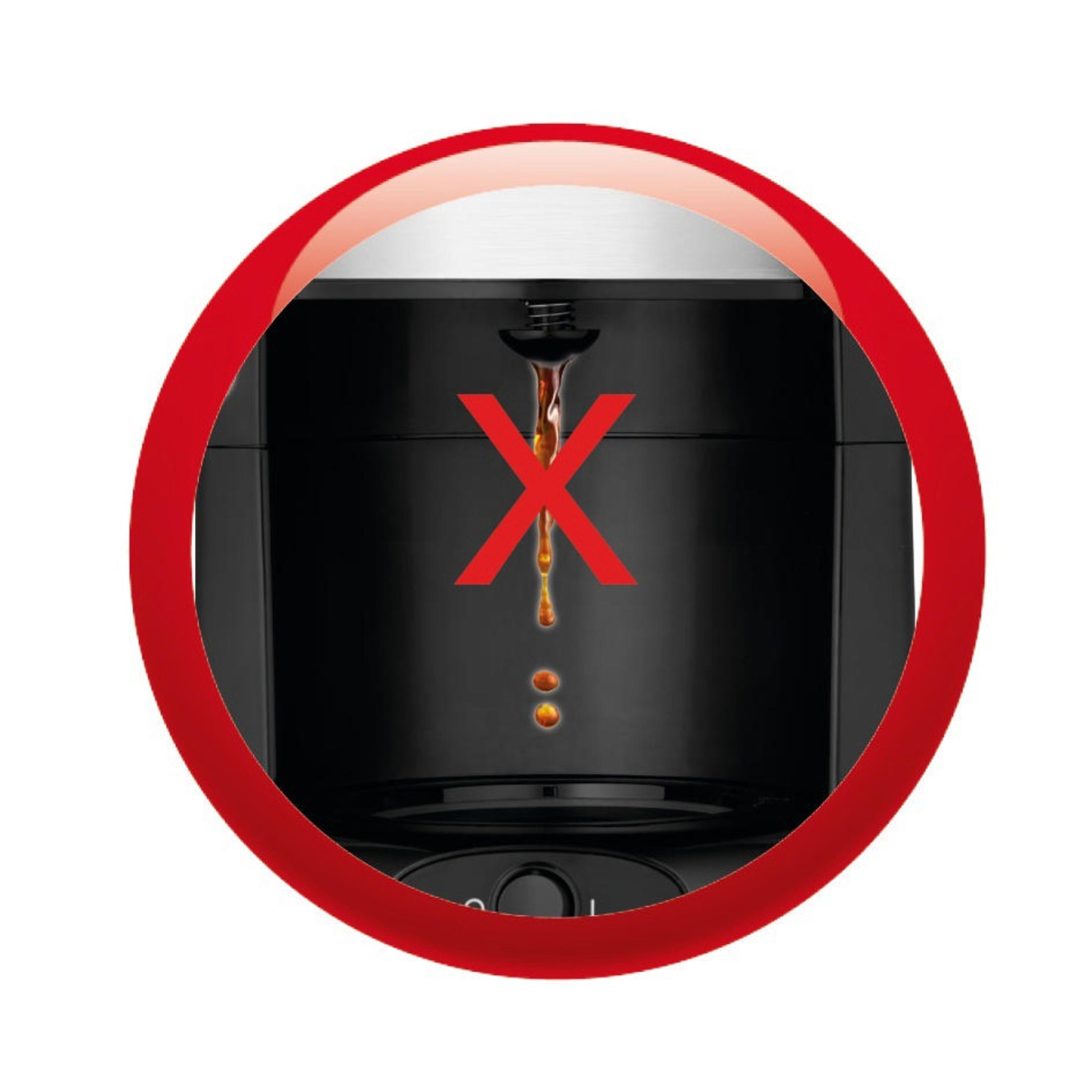 Obraz z czerwonym okręgiem i X nad ekspresem do kawy.
