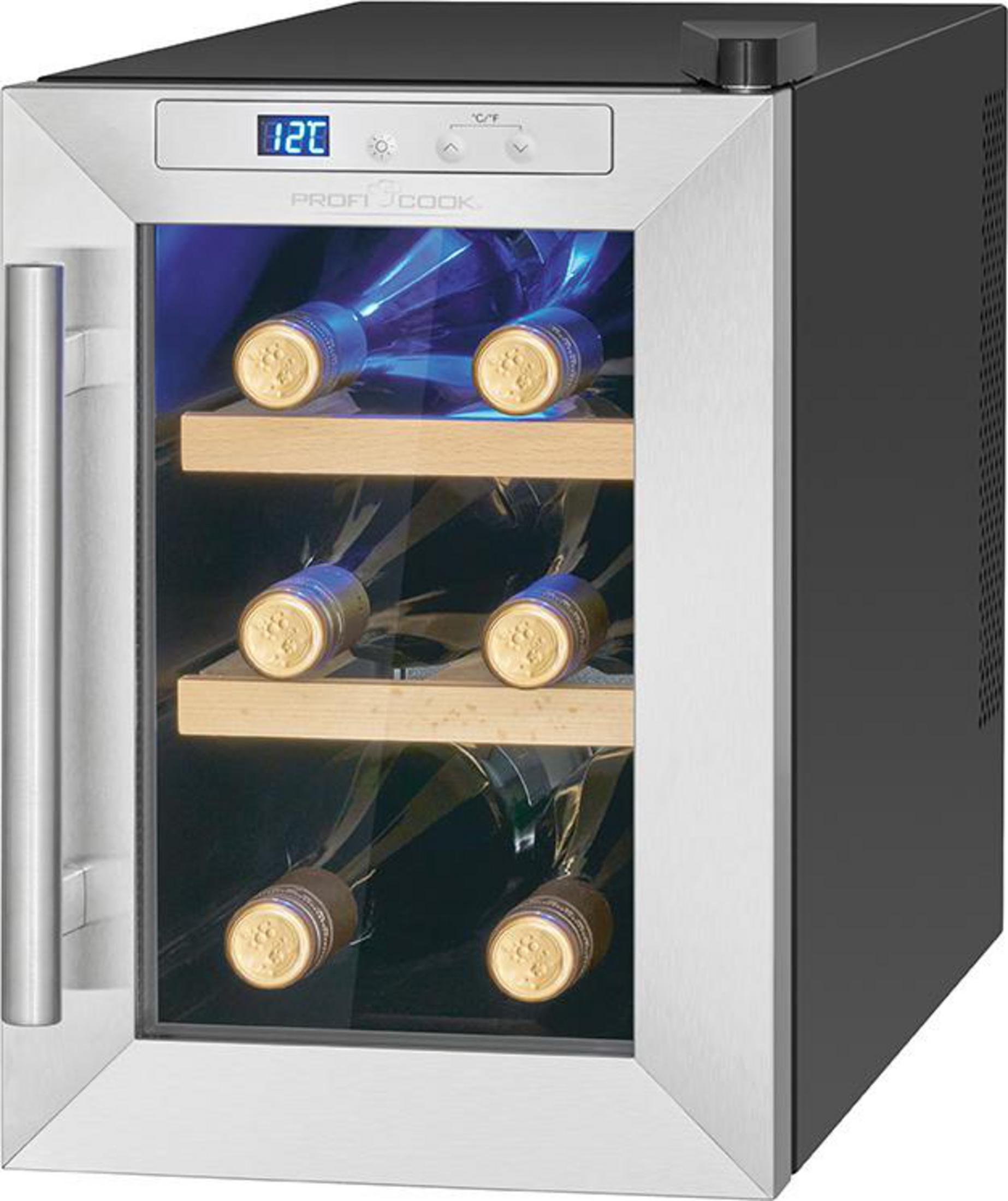 Chłodziarka do wina z butelkami w środku. Chłodziarka jest srebrna i czarna. Są trzy półki.