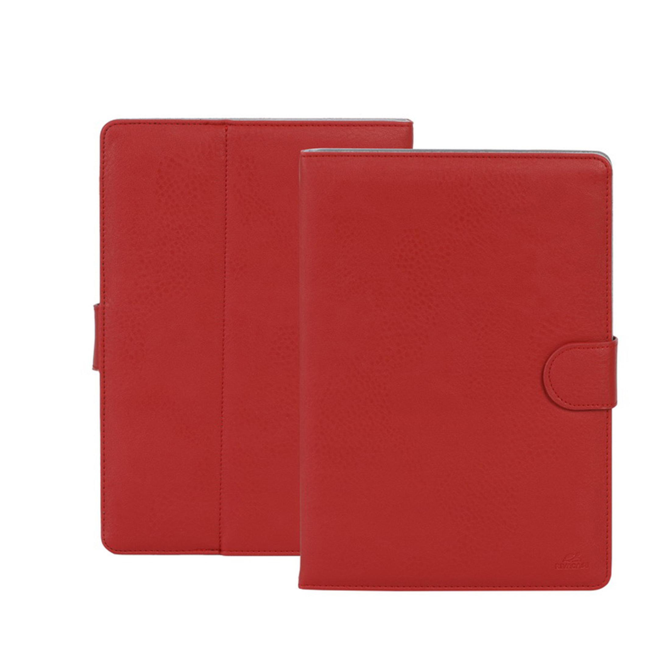 Custodia per tablet rossa, aperta a sinistra, chiusa a destra.