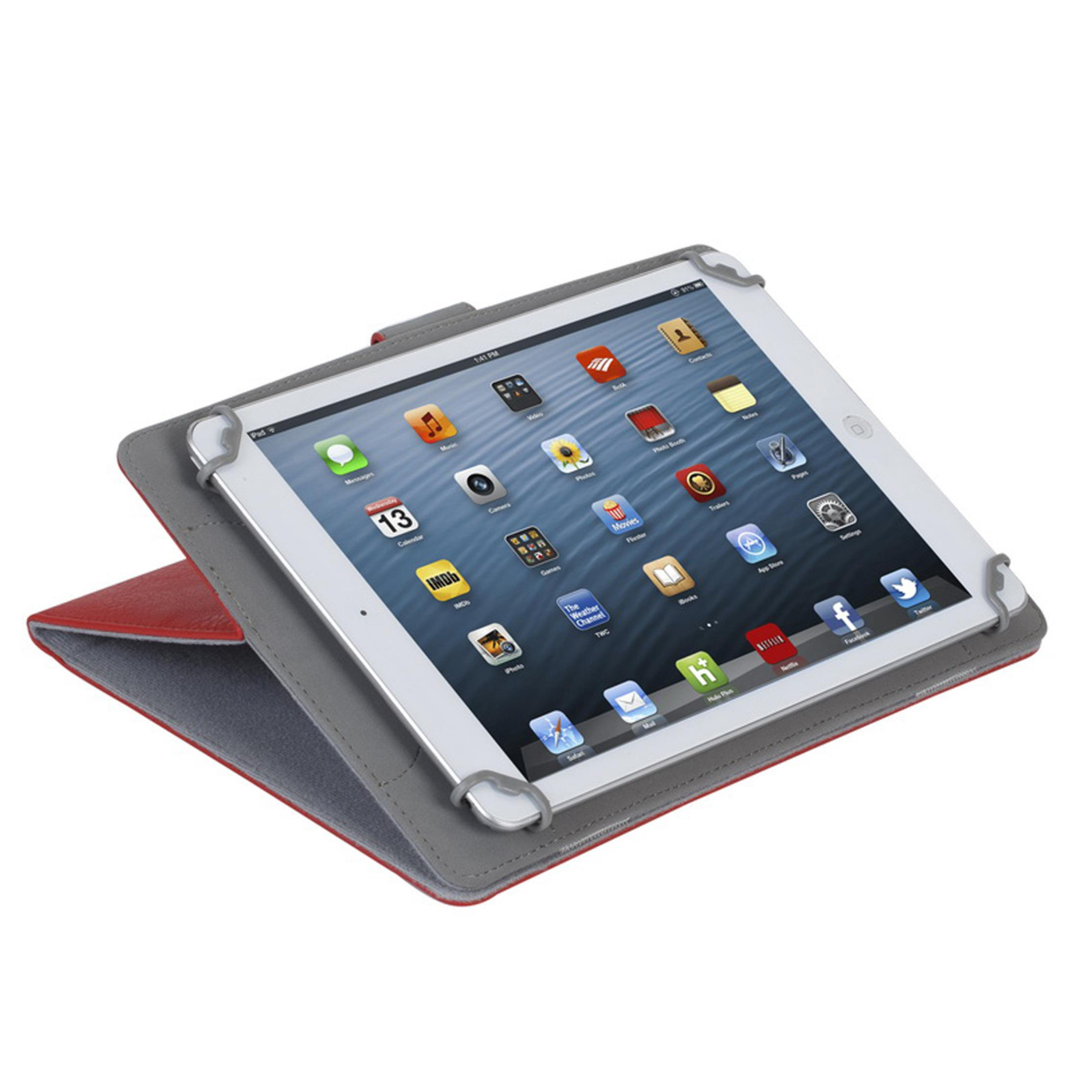 Tablet in una custodia rossa e grigia, schermo che mostra icone di app, sfondo bianco.