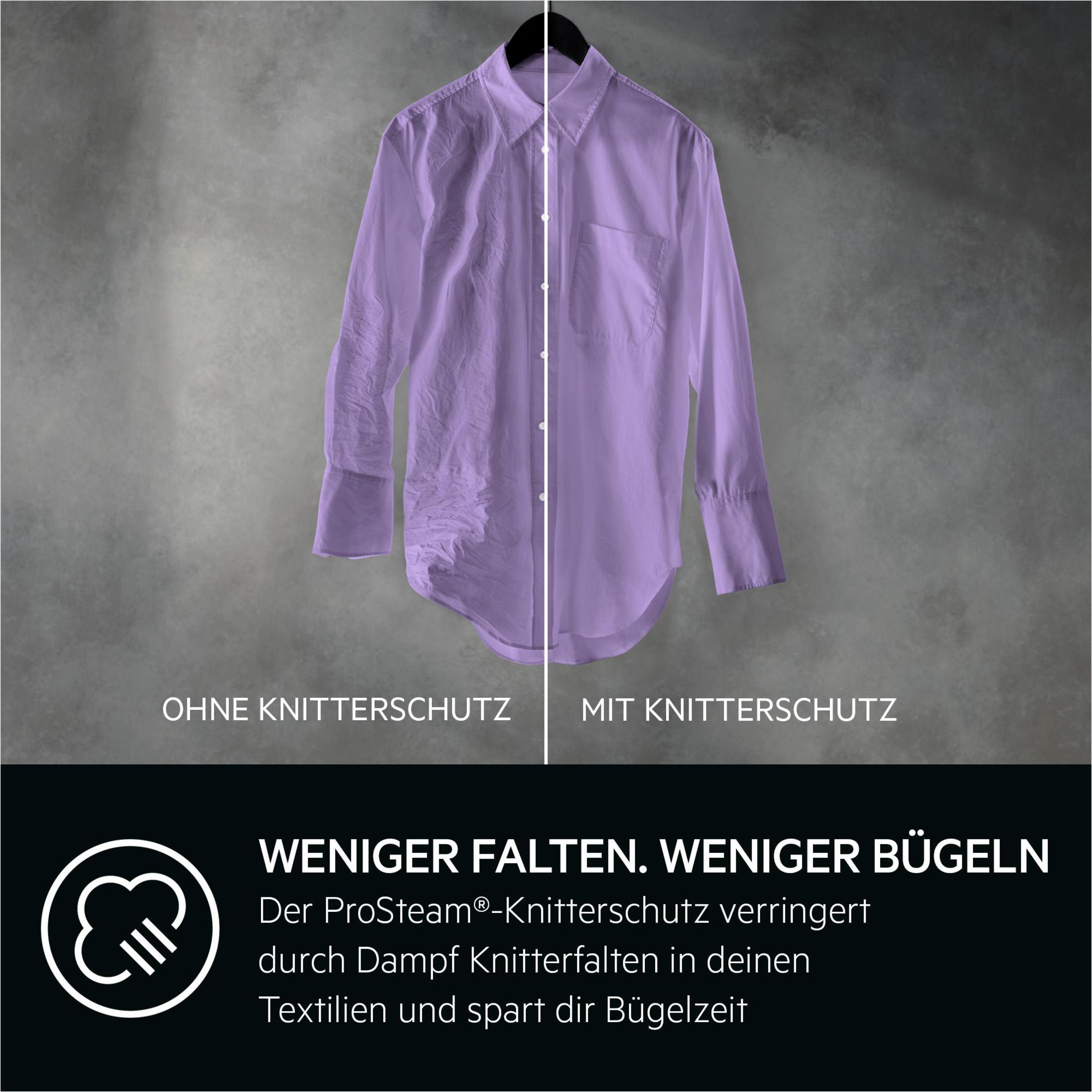 Vergleich des Shirts: links zerknittert, rechts glatt, mit Text über Knitter-Schutz. Grauer Hintergrund.
