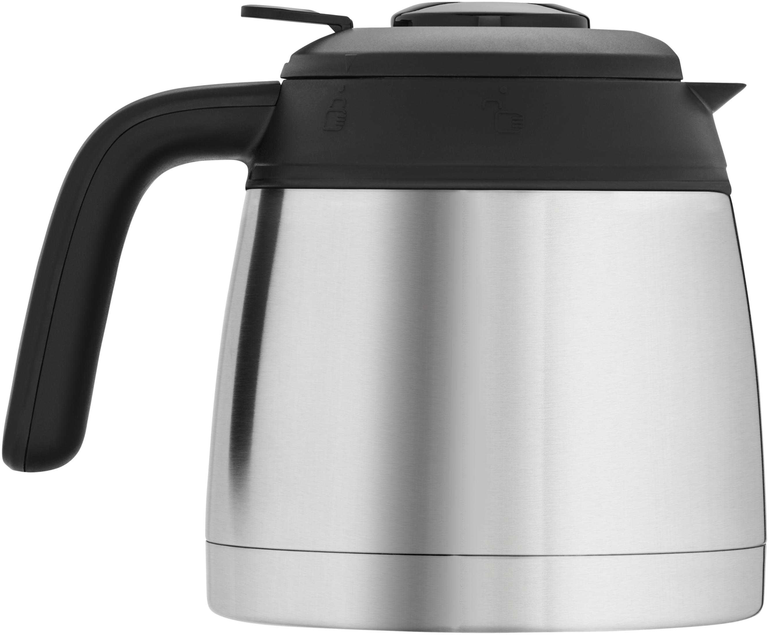 Kawiarka ze stali nierdzewnej z czarnym uchwytem i pokrywką.