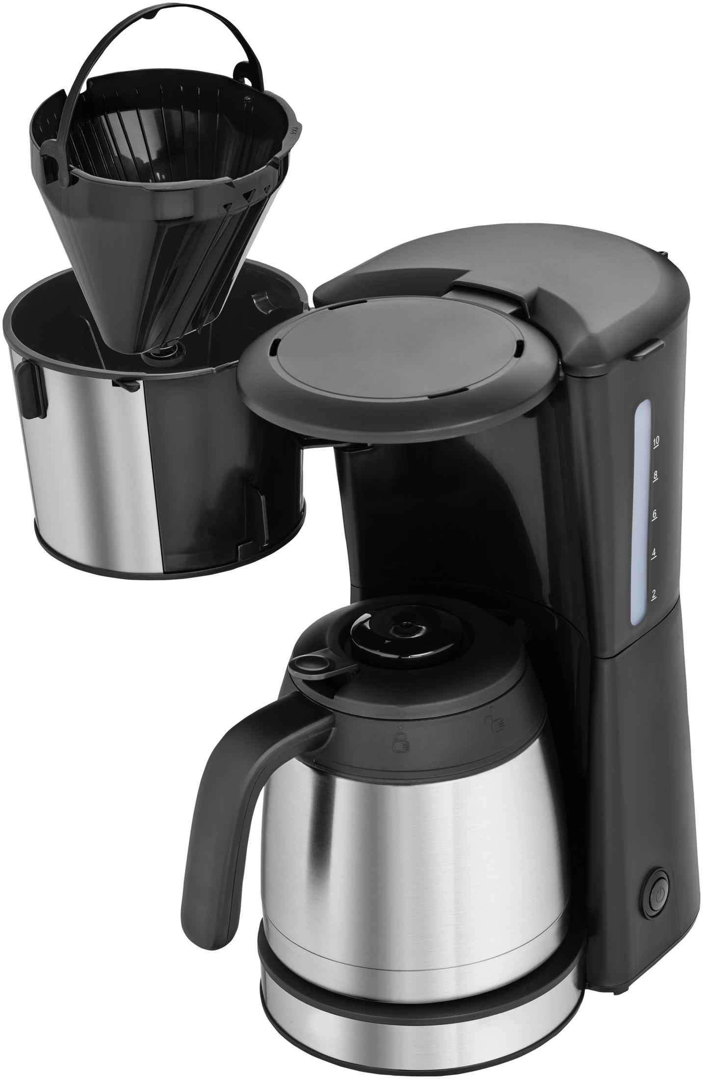 Czarny ekspres do kawy z termicznym dzbankiem. Otwarty uchwyt filtra.