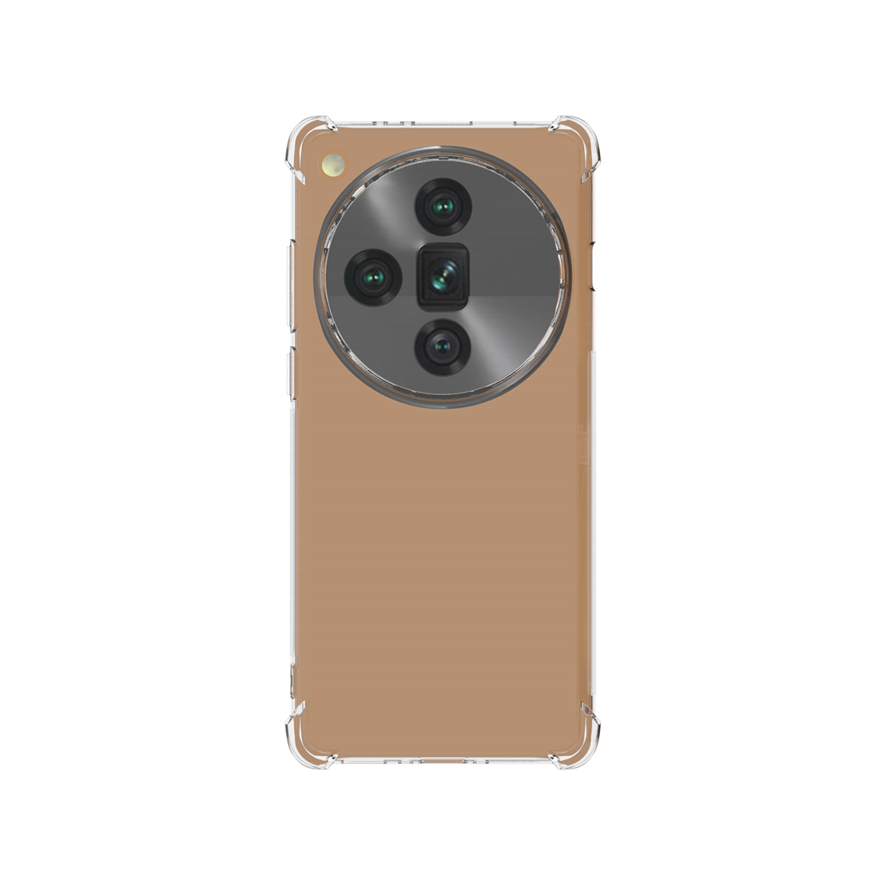 Telefon mit brauner Rückseite und transparenter Hülle.