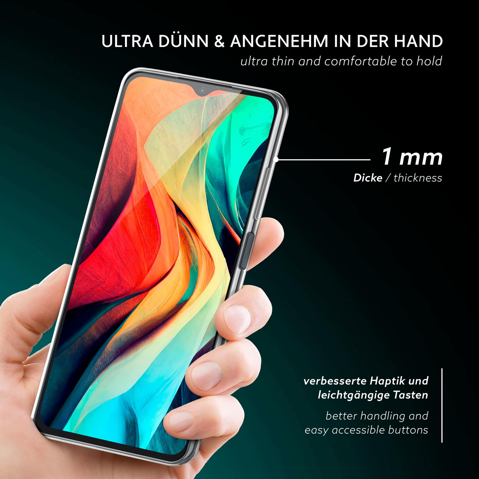 Hand hält Smartphone in klarer Hülle, schwarzer Hintergrund.
