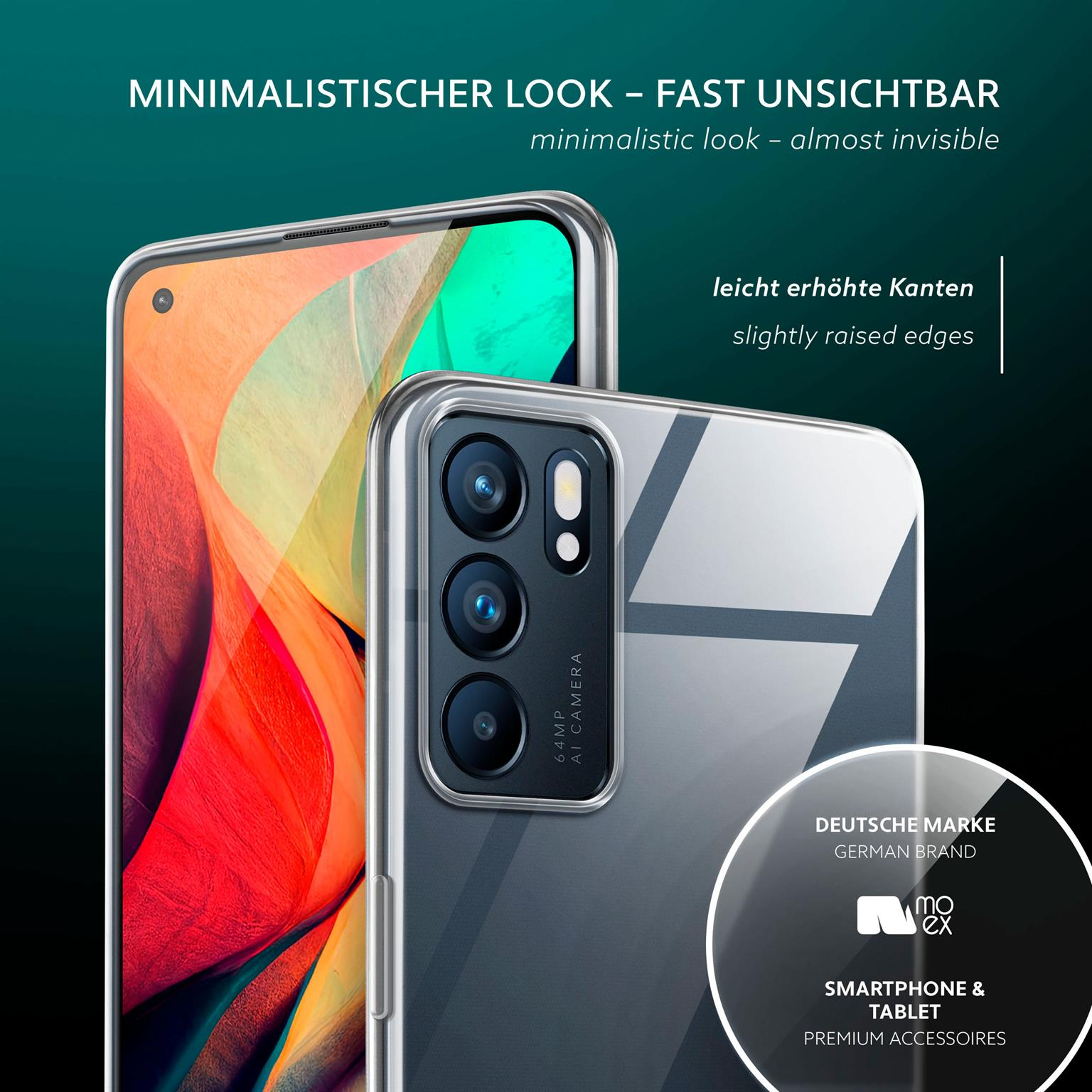 Eine transparente Handyhülle mit einem Telefon darin, auf einem Hintergrund mit Text über Design und Marke.