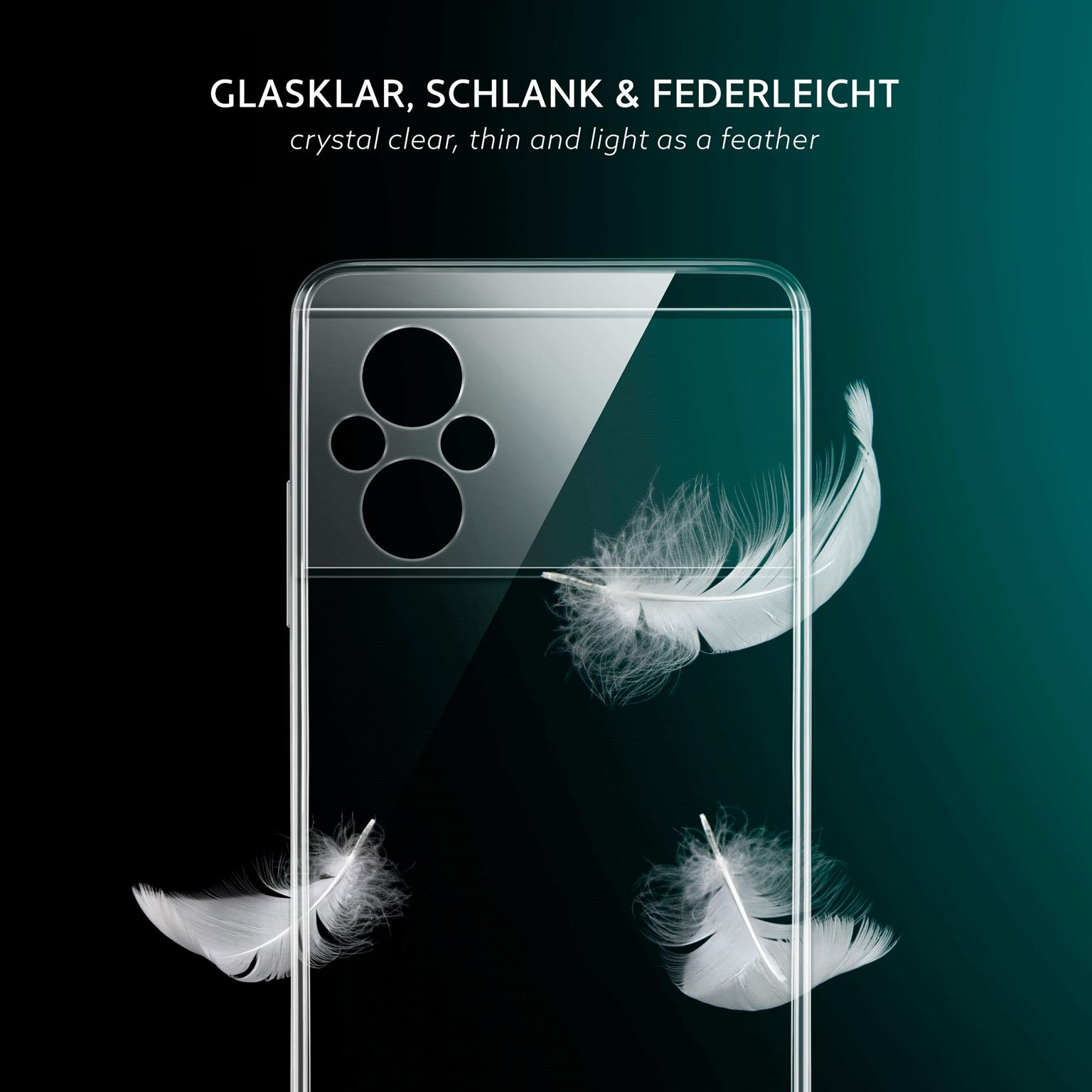 Transparente Handyhülle mit drei weißen Federn auf dunklem tealfarbenem Hintergrund.