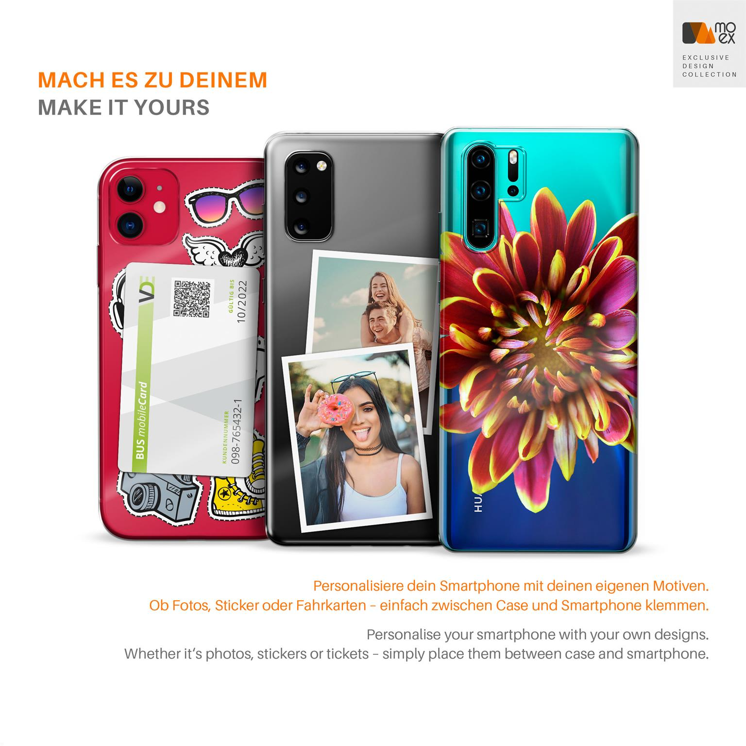 Drei Telefone in Hüllen, mit Fotos und einer Karte, vor weißem Hintergrund mit Text.