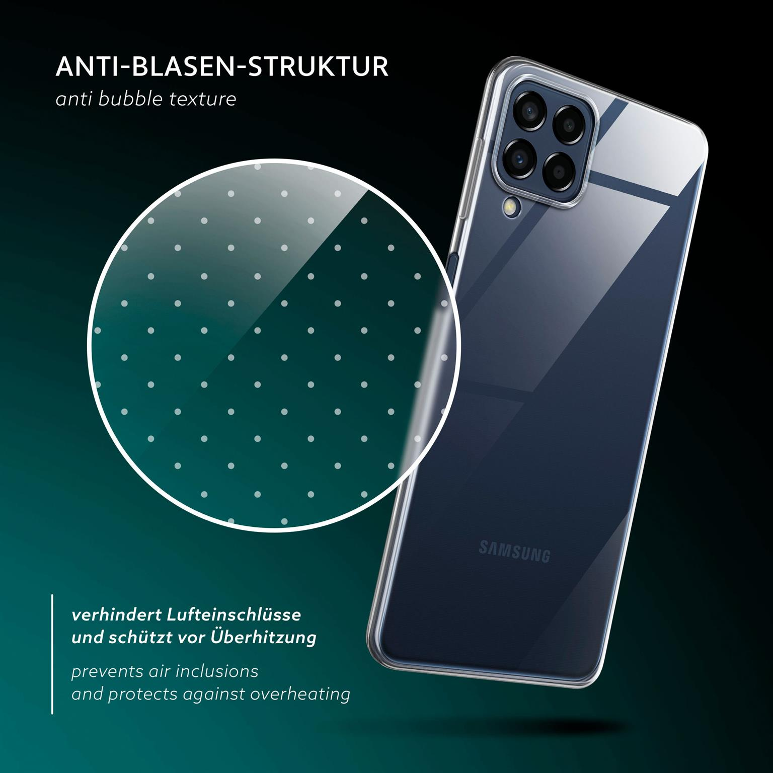 Transparente Handyhülle mit Blasen auf der Rückseite. Samsung Telefon durch Hülle sichtbar.