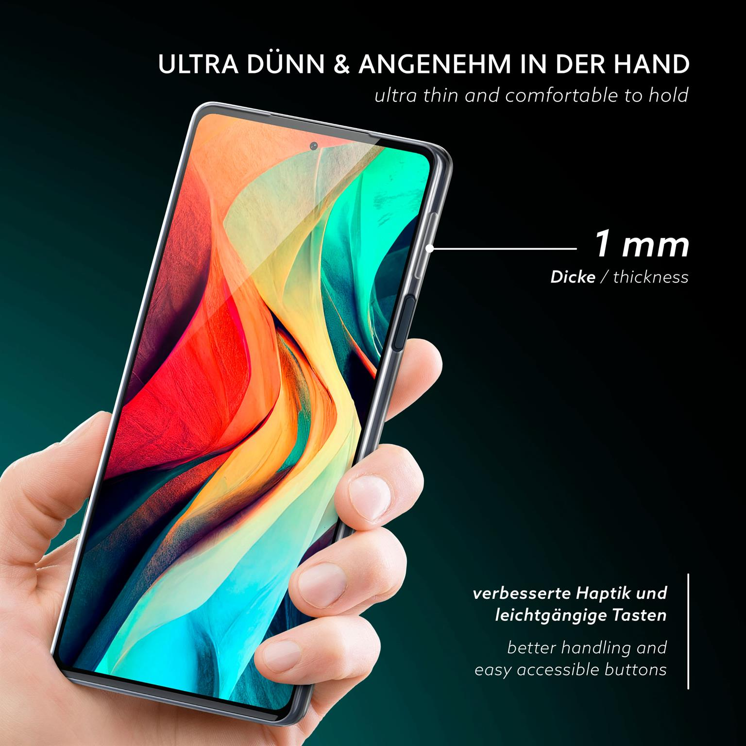 Hand hält ein Telefon, schwarzer Hintergrund mit Text: Ultra dünn und angenehm zu halten.