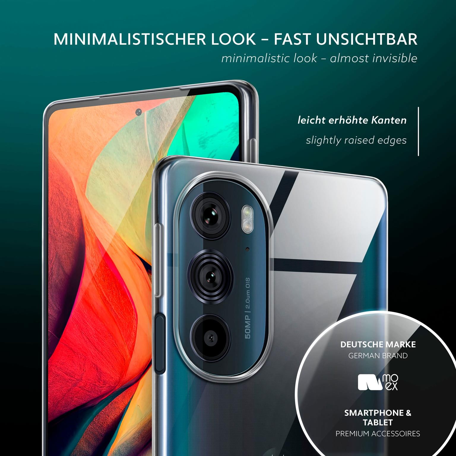 Zwei Telefone in transparenten Hüllen. Eines zeigt ein farbenfrohes Design, das andere eine Kamerawölbung.