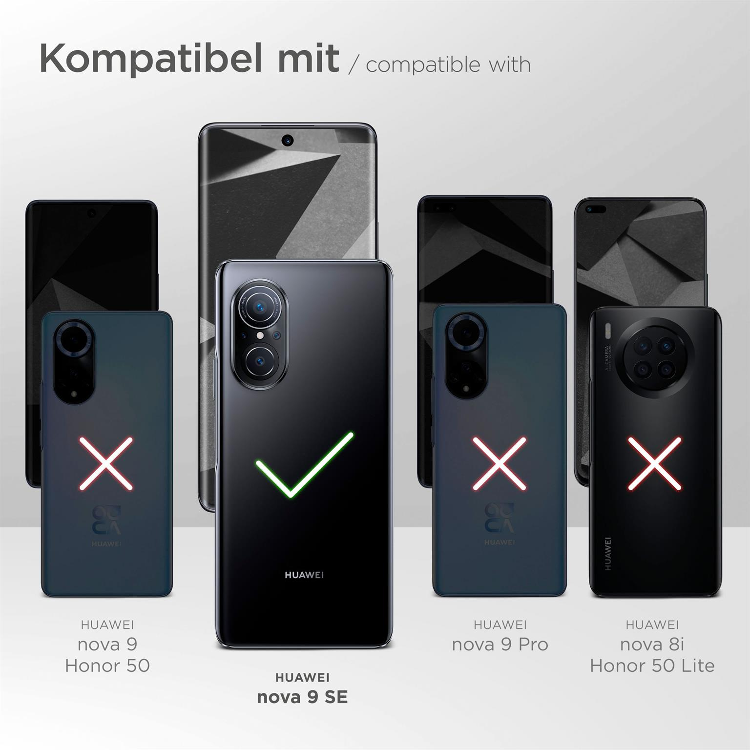 Telefone mit Hüllen. Huawei nova 9 SE ist kompatibel. Andere nicht. Schwarzer Hintergrund.