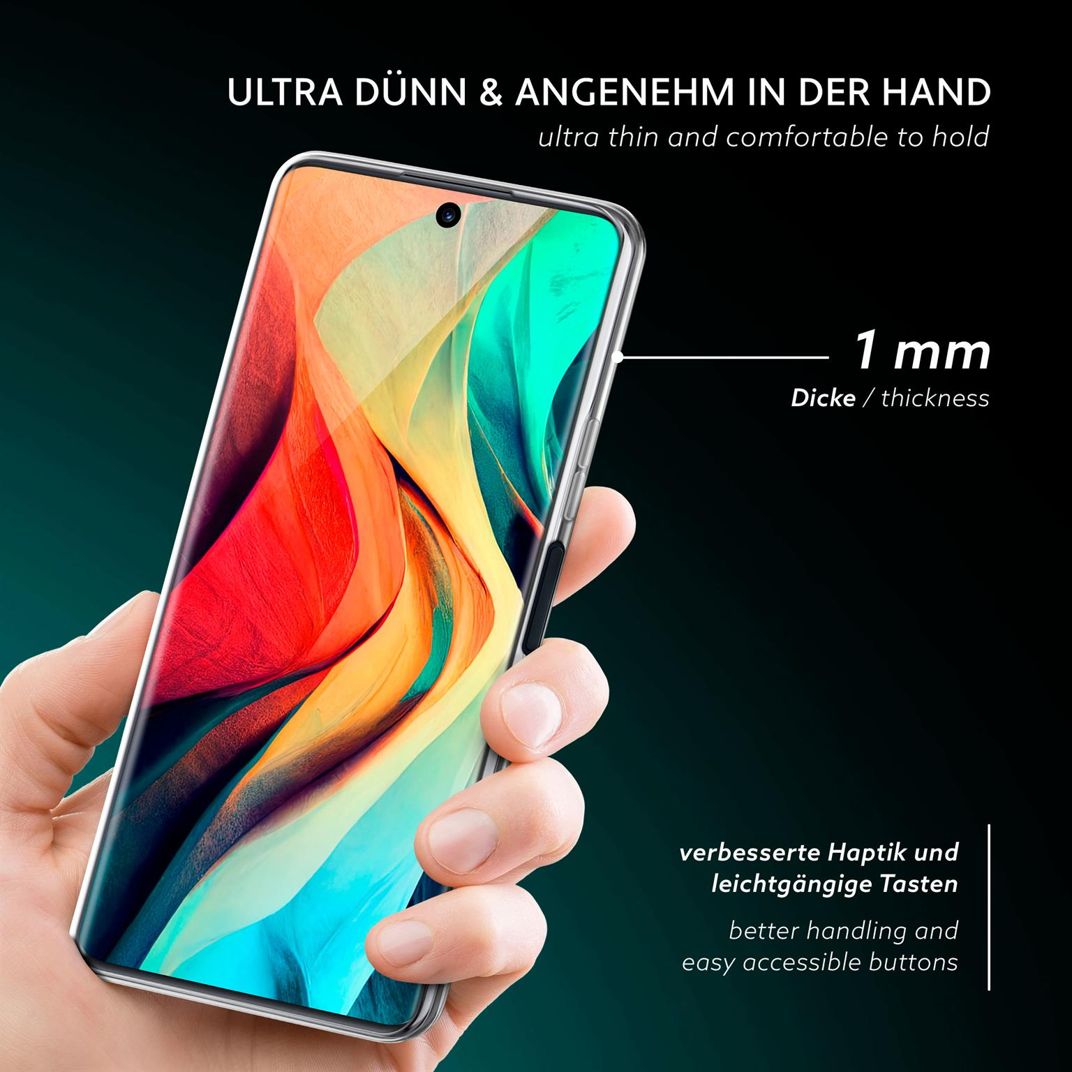 Hand, die ein Telefon mit klarer Hülle hält, wobei die Dünne hervorgehoben wird.
