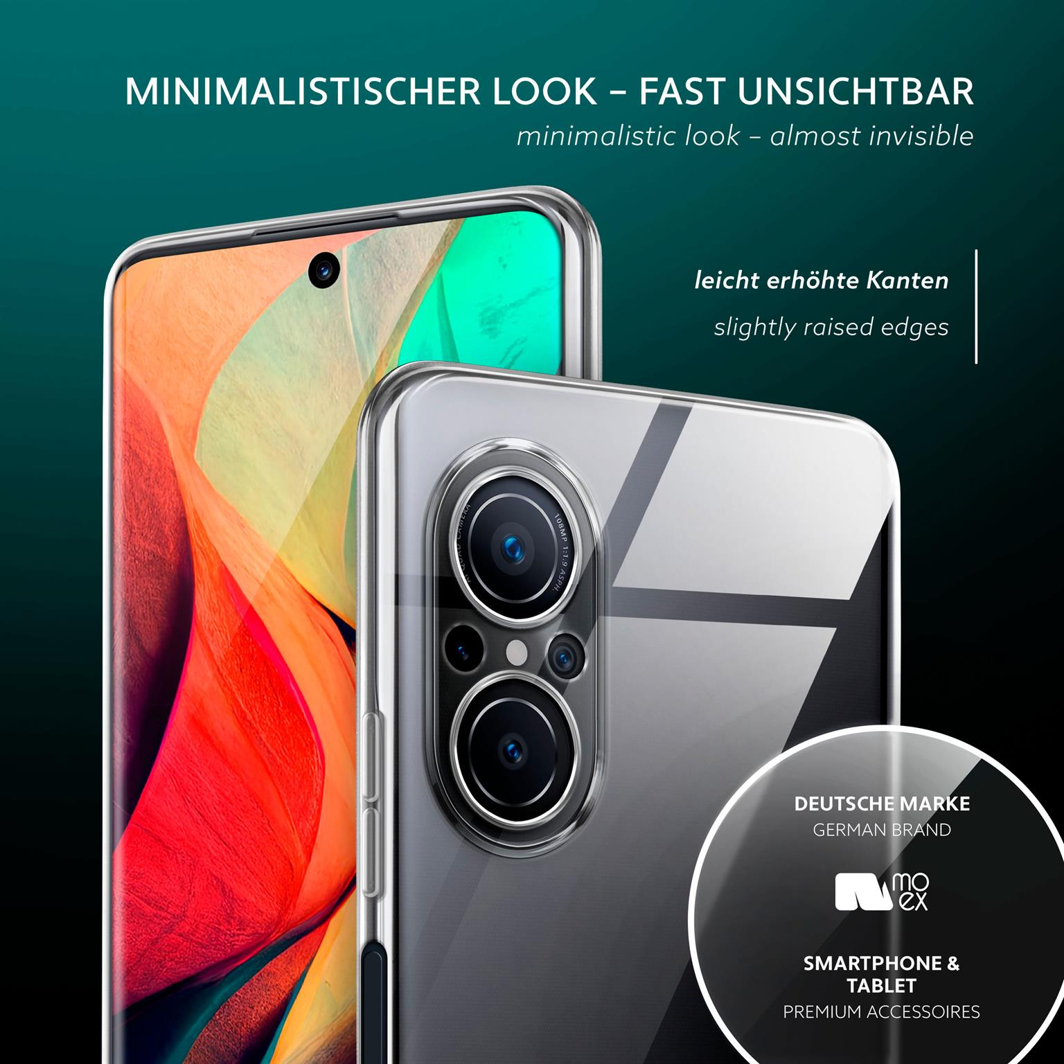 Zwei transparente Handyhüllen auf teal Hintergrund, Text: minimalistischer Look, leicht erhöhte Kanten, deutsche Marke.