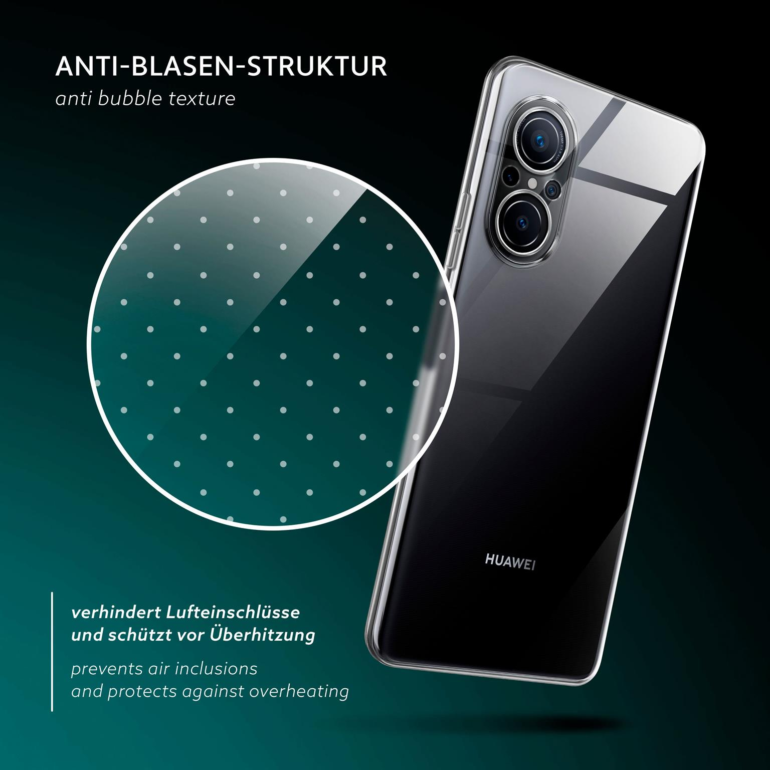 Smartphone mit klarer Hülle. Zeigt eine Anti-Blasen-Textur auf der Hülle, mit Huawei-Branding.