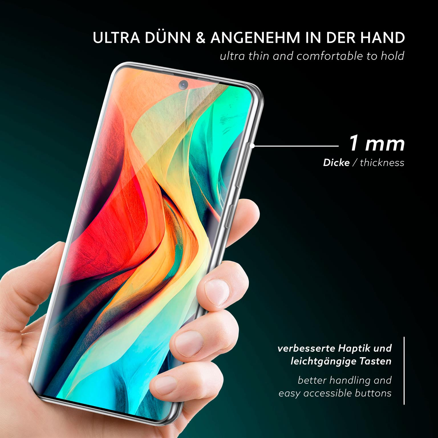 Nahaufnahme einer Hand, die ein Telefon in einer transparenten Hülle hält. Text auf Deutsch.
