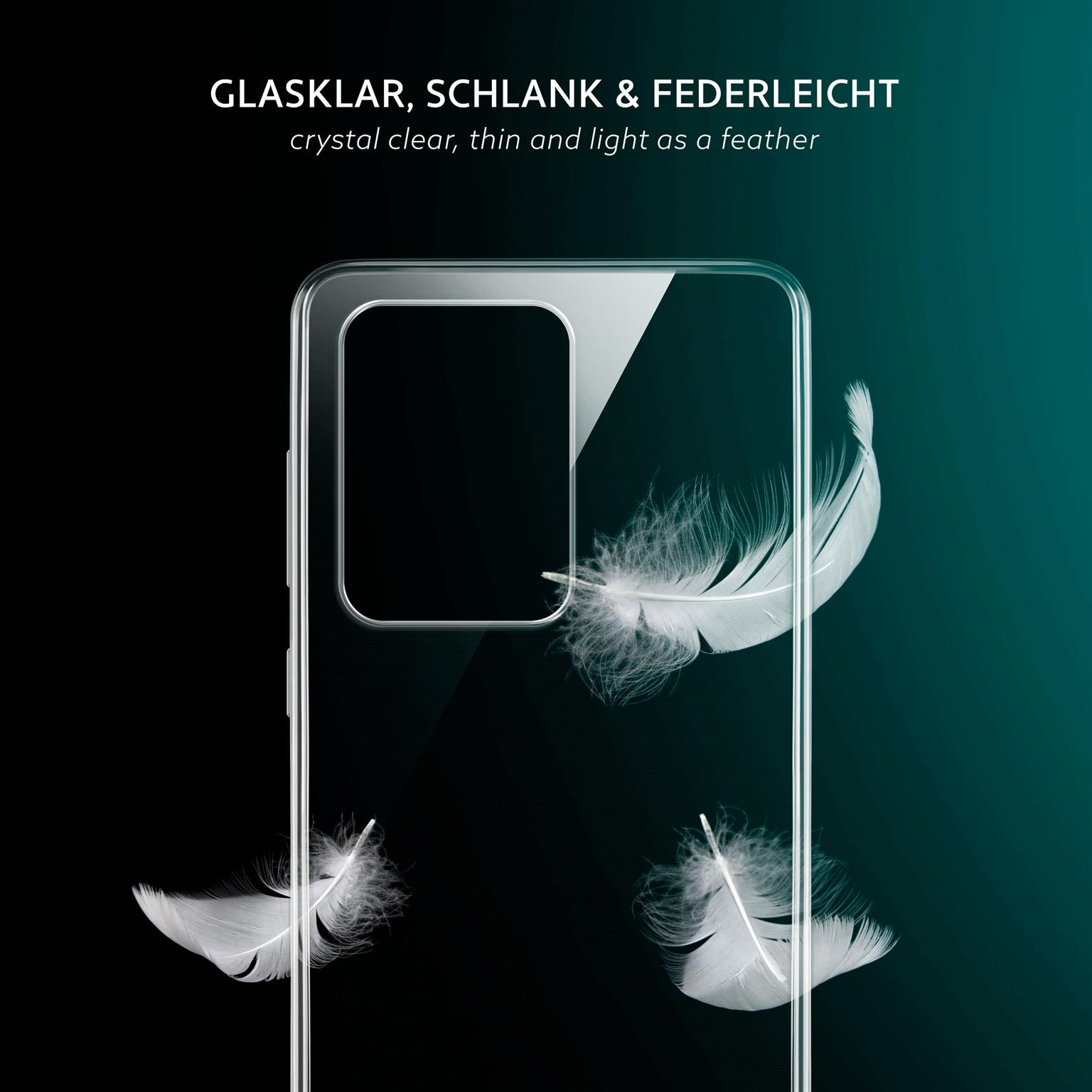 Transparente Handyhülle auf schwarzem Grund, drei weiße Federn, Oberseite glänzend.