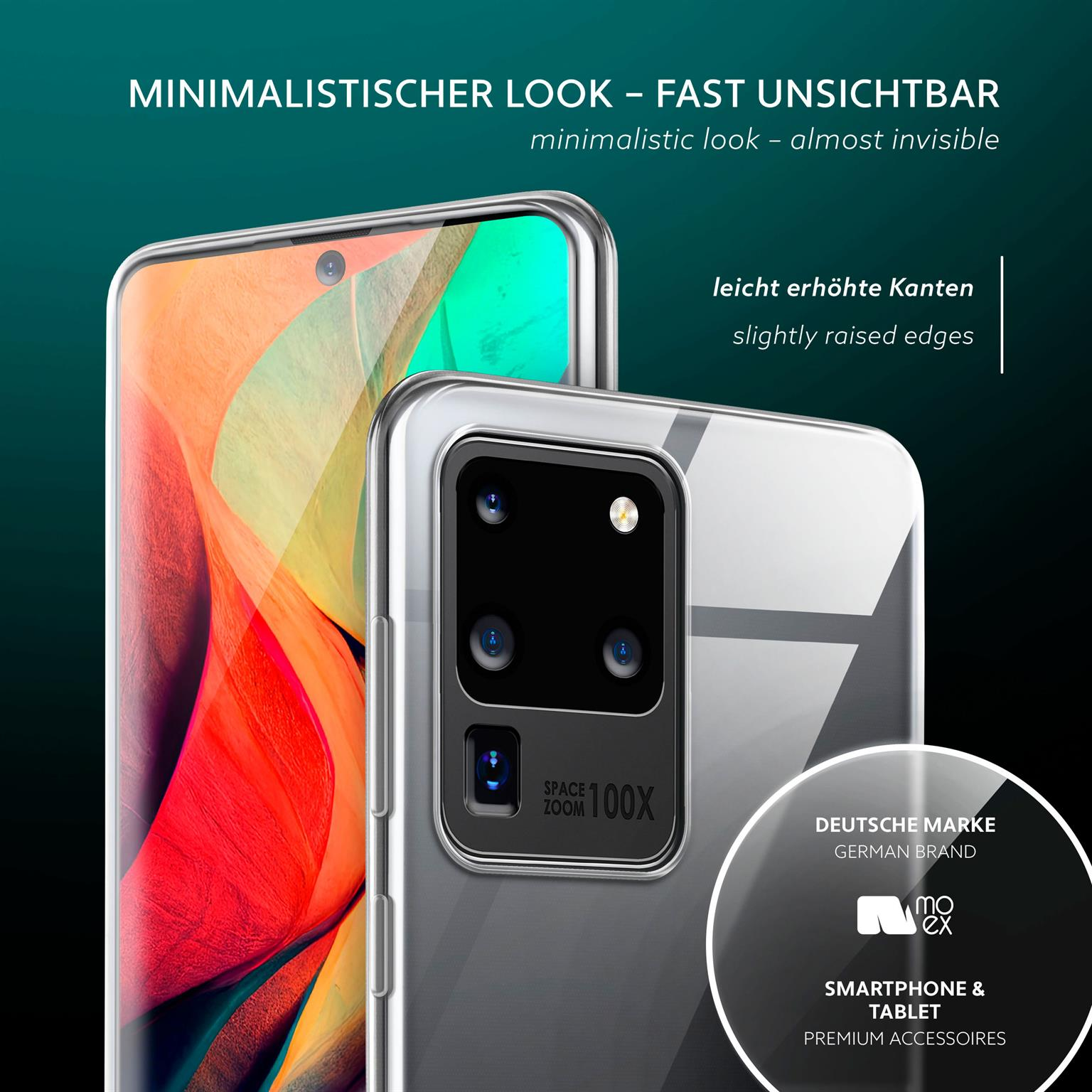 Handyhülle auf einem Telefon. Der Text lautet 'minimalistischer Look - fast unsichtbar' und 'leicht erhöhte Kanten'.