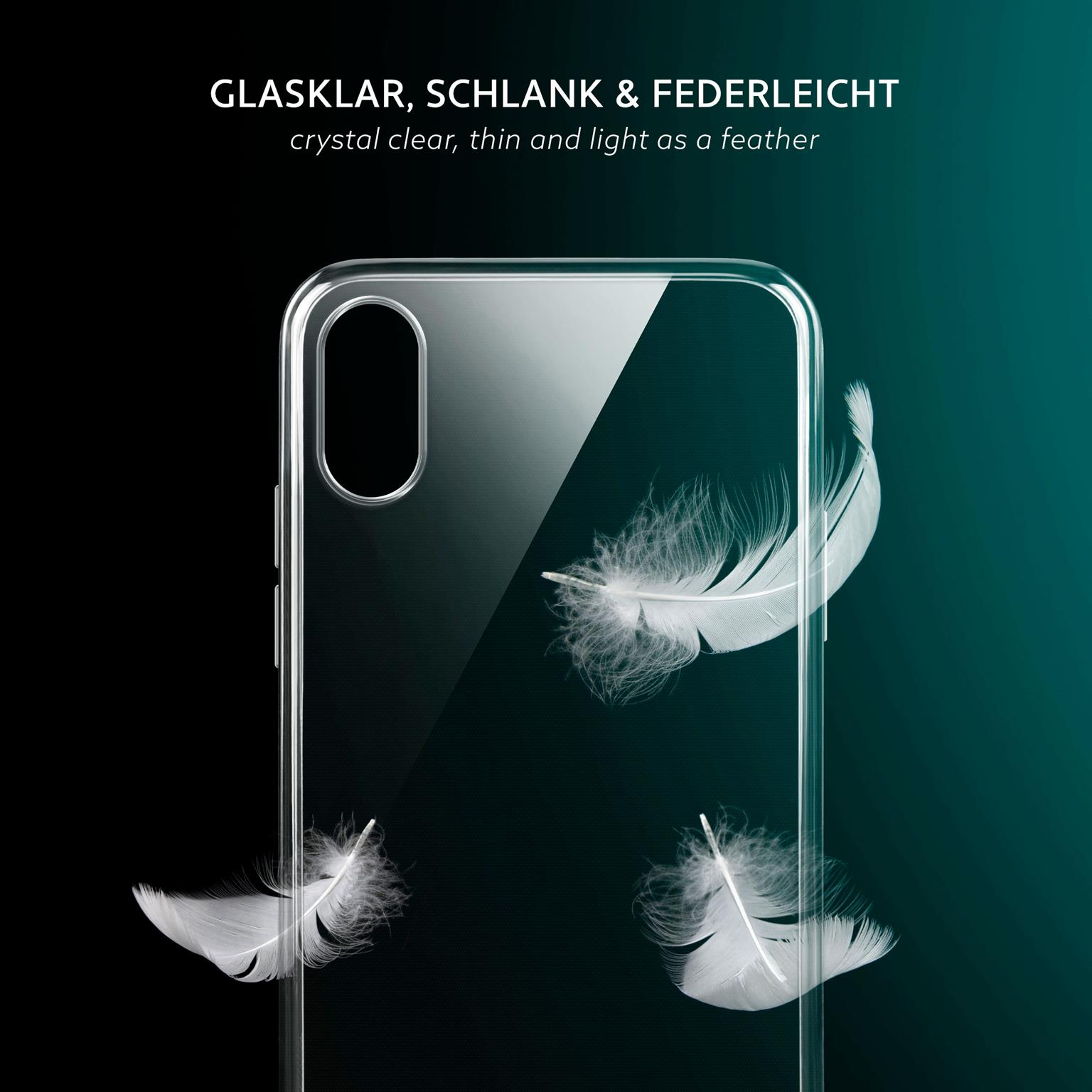Transparente Handyhülle mit drei weißen Federn auf schwarz-grünem Hintergrund.