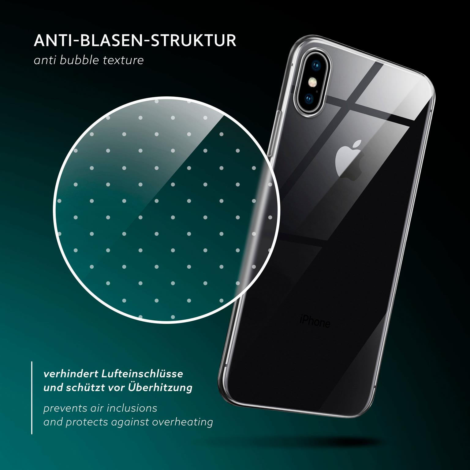 Eine klare Handyhülle mit gepunkteter Textur und ein iPhone darin sichtbar.