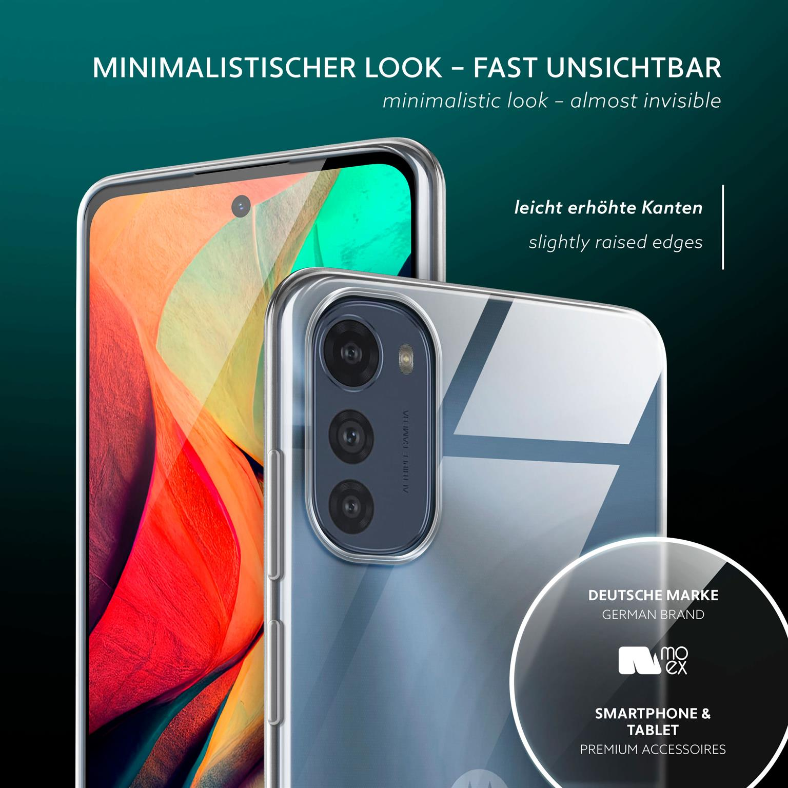 Telefon in transparenter Hülle. Text sagt 'minimalistischer Look' und 'Deutsche Marke'.