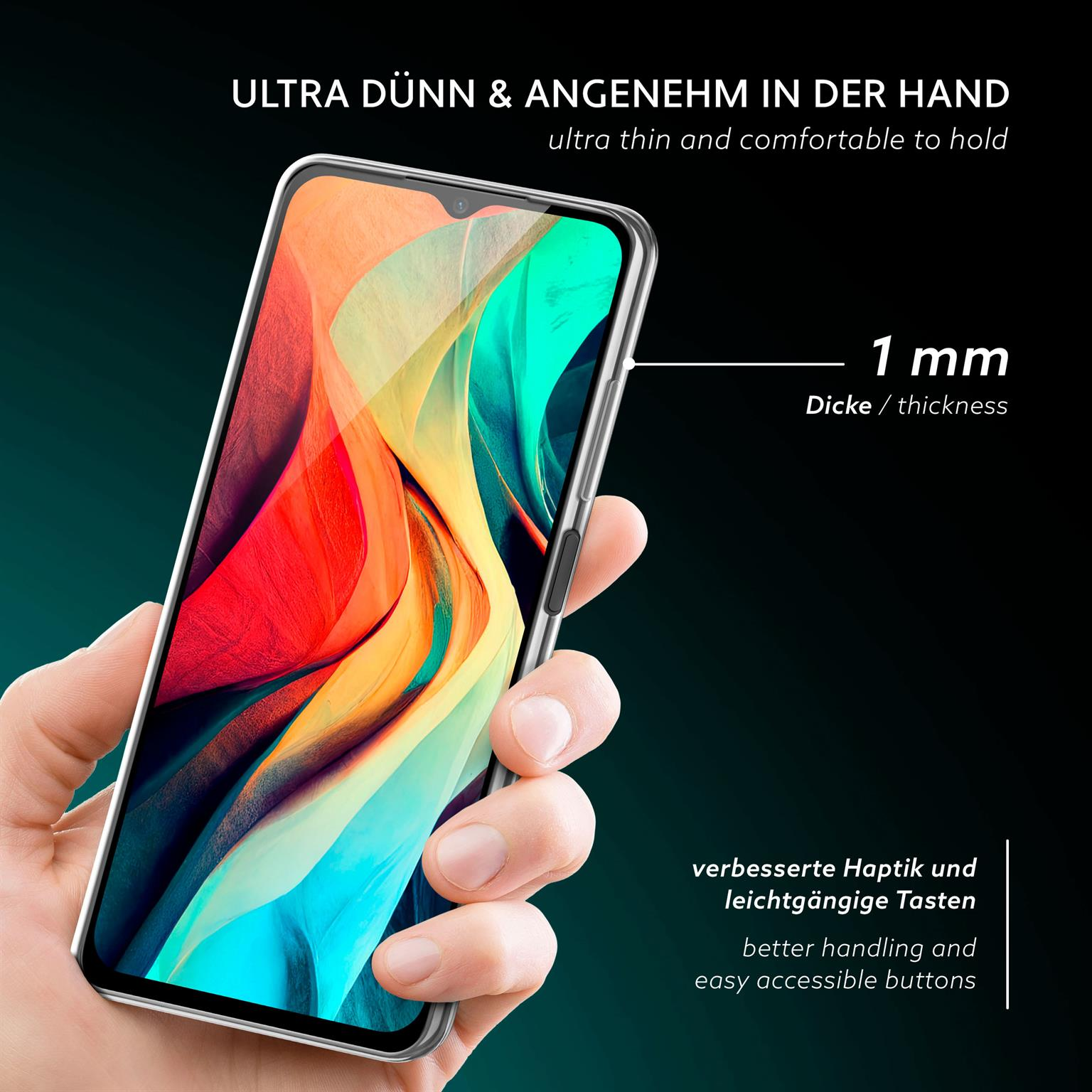 Hand hält transparente Handyhülle, mit einem Maß von 1 mm für die Dicke.