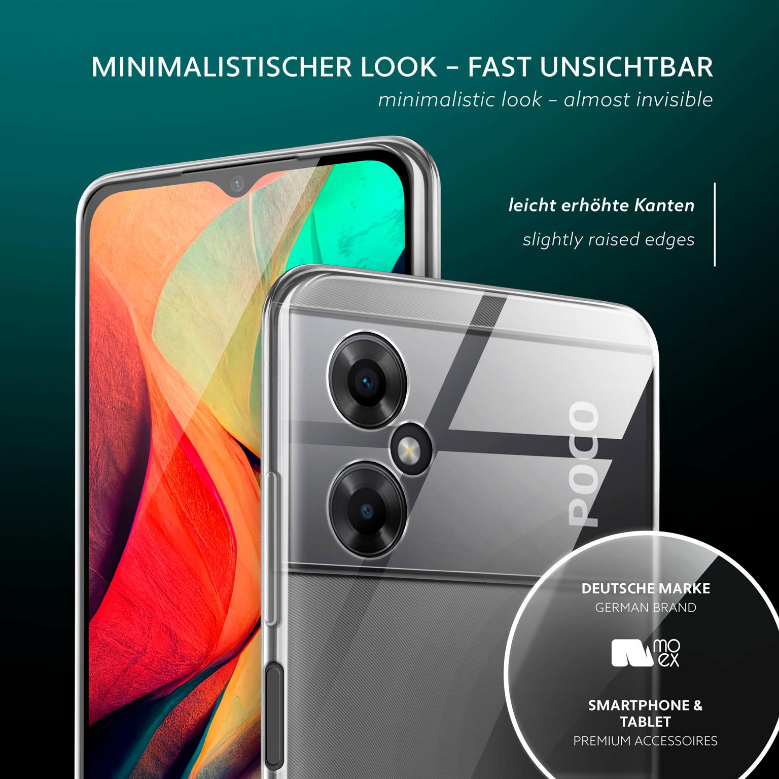 Handyhülle mit Telefon im Inneren. Klare Hülle, schwarzes Telefon. Grüner Hintergrund. Deutsches Markenlogo.