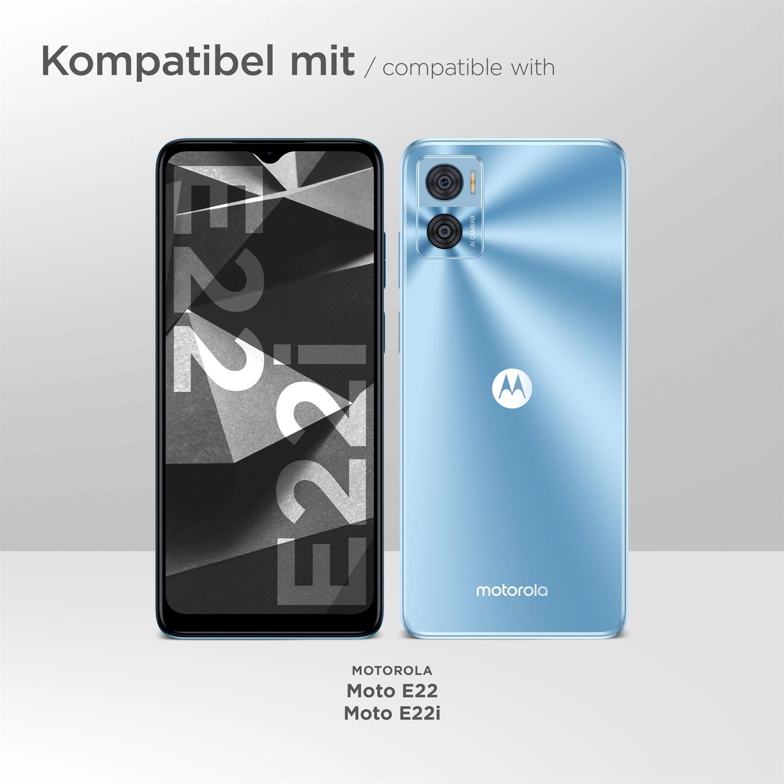 Zwei Telefone nebeneinander. Eines zeigt Design, das andere blau. Text: Kompatibel mit Motorola.