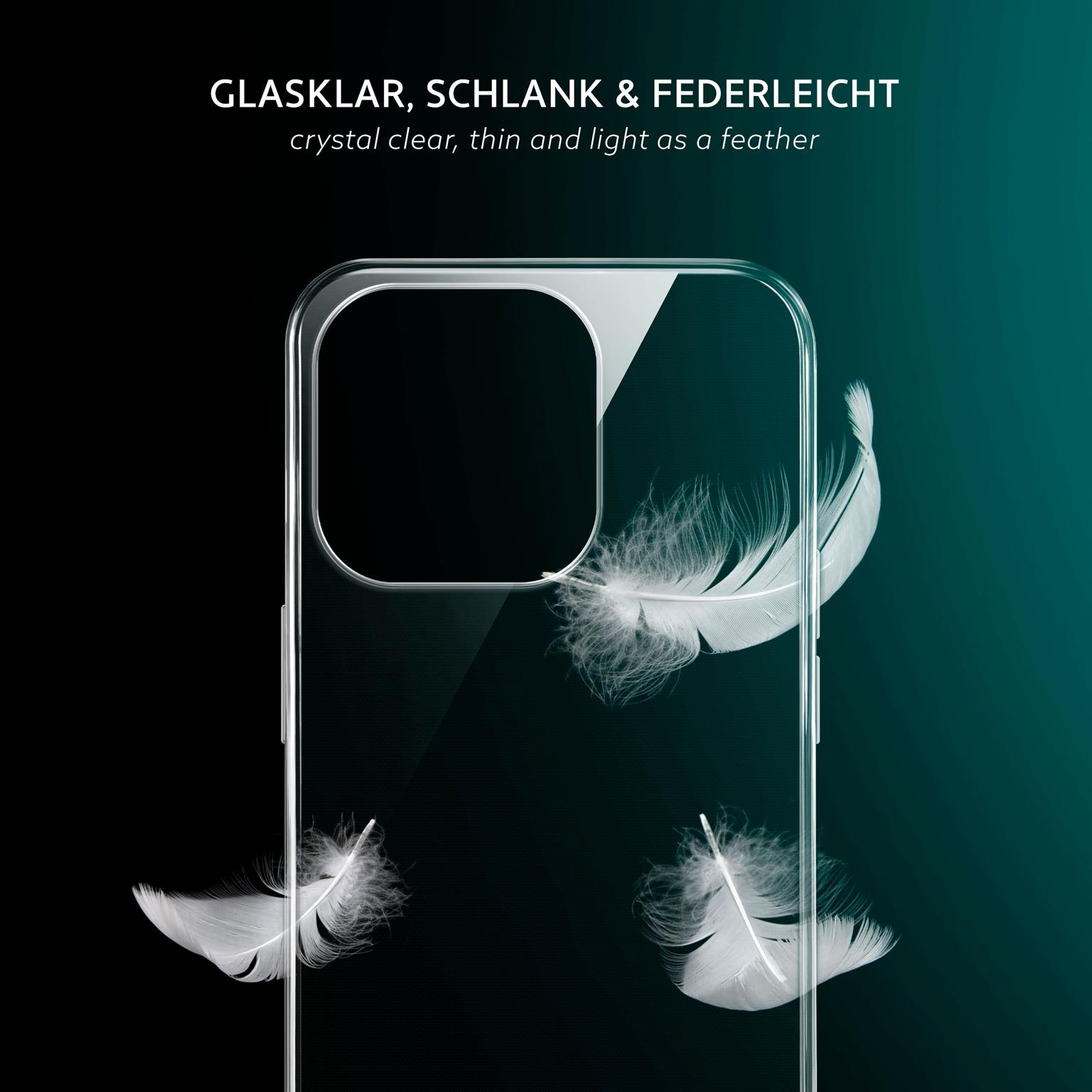 Transparente Handyhülle mit Federn, die auf dunkelgrünem Hintergrund schweben.