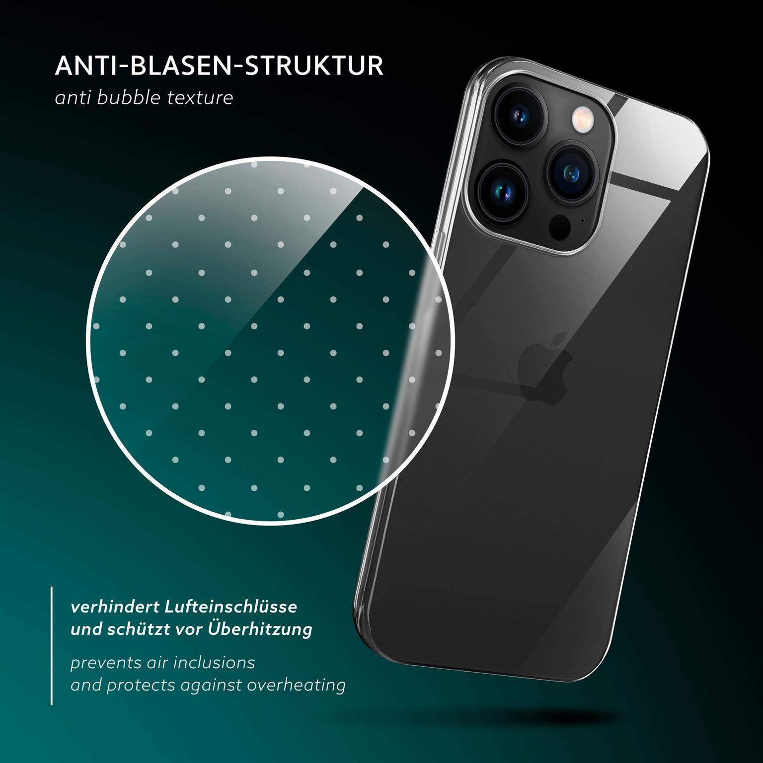 Telefonhülle mit Punkten, Telefon innen. Blasenstruktur, verhindert Lufteinschlüsse. Dunkler Hintergrund.