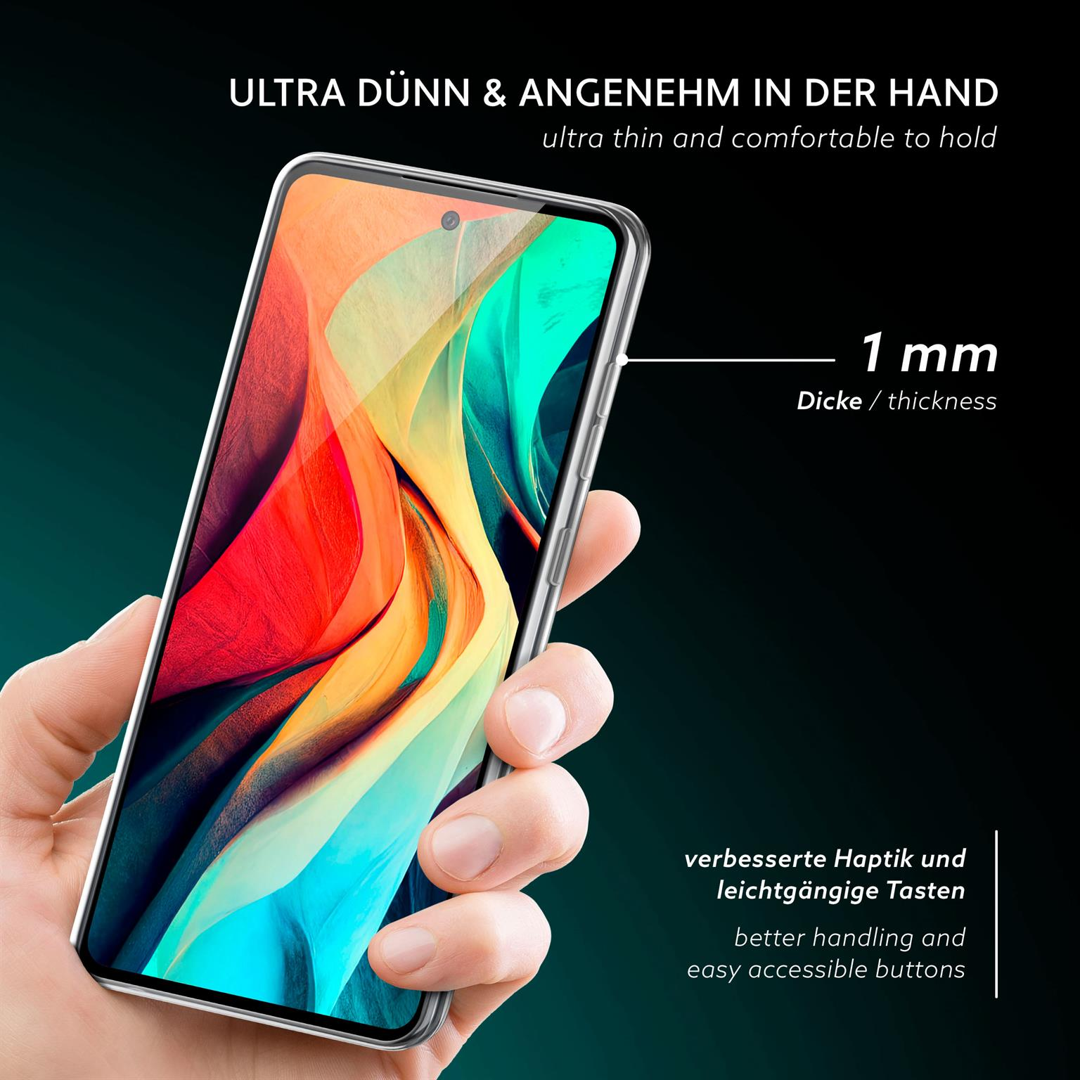 Hand hält Telefon in klarer Hülle. Weißer Hintergrund. Text und eine Messung.