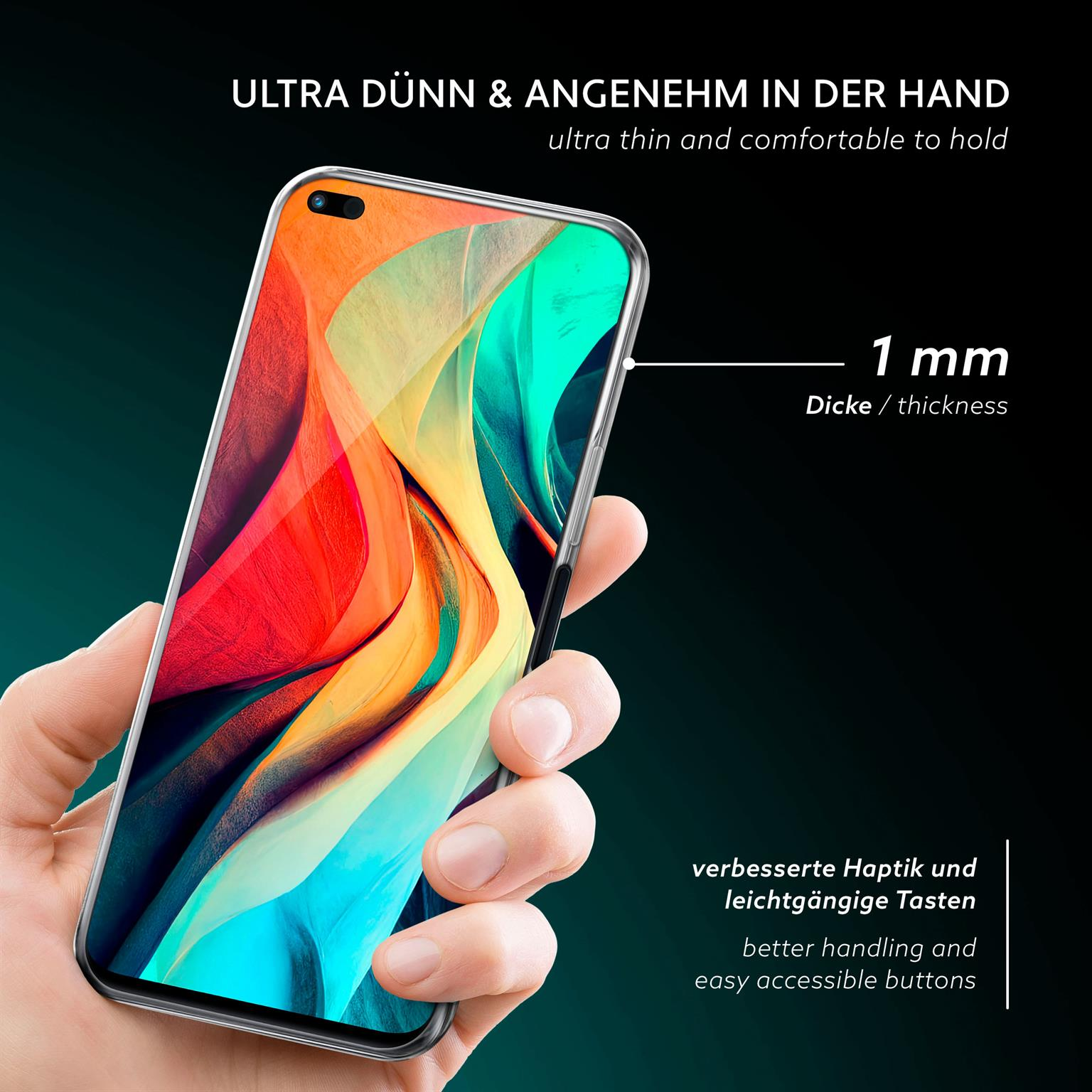 Hand hält ein Telefon mit Hülle. Transparente Hülle, schwarzer Hintergrund.