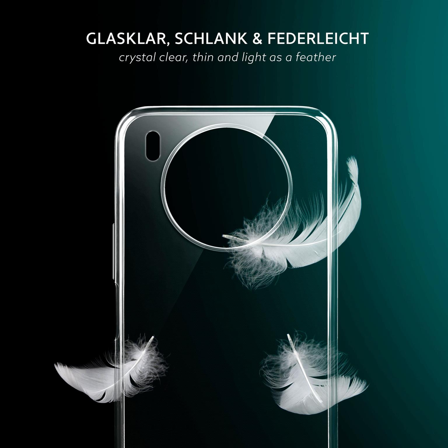 Transparente Handyhülle mit Federdesign, drei Federn auf dunklem Hintergrund.